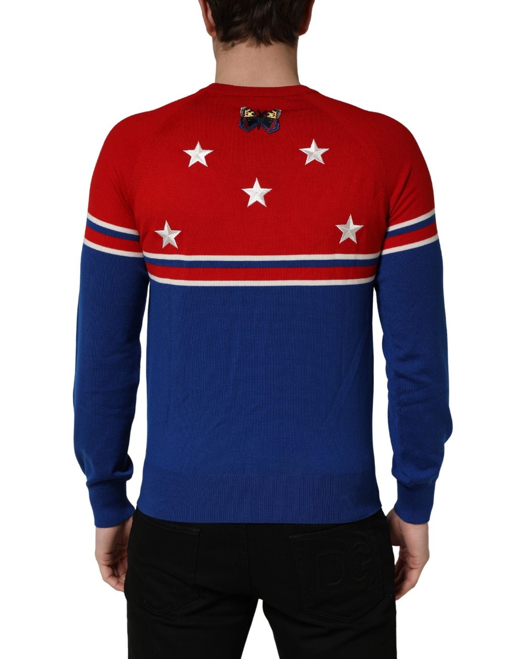 Pull homme Dolce & Gabbana en laine multicolore avec motif papillon et étoile, col rond, vue de face