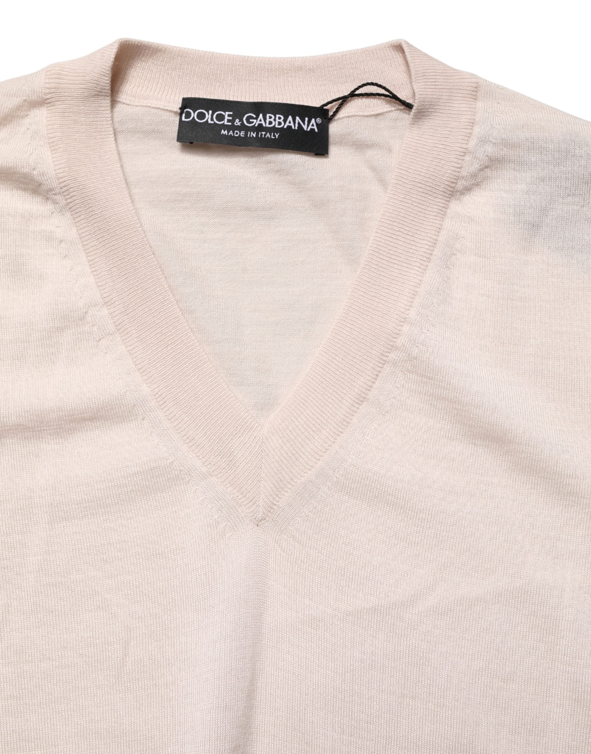 Pull homme Dolce & Gabbana en cachemire beige à col en V, pullover élégant et confortable, vue de l'avant.