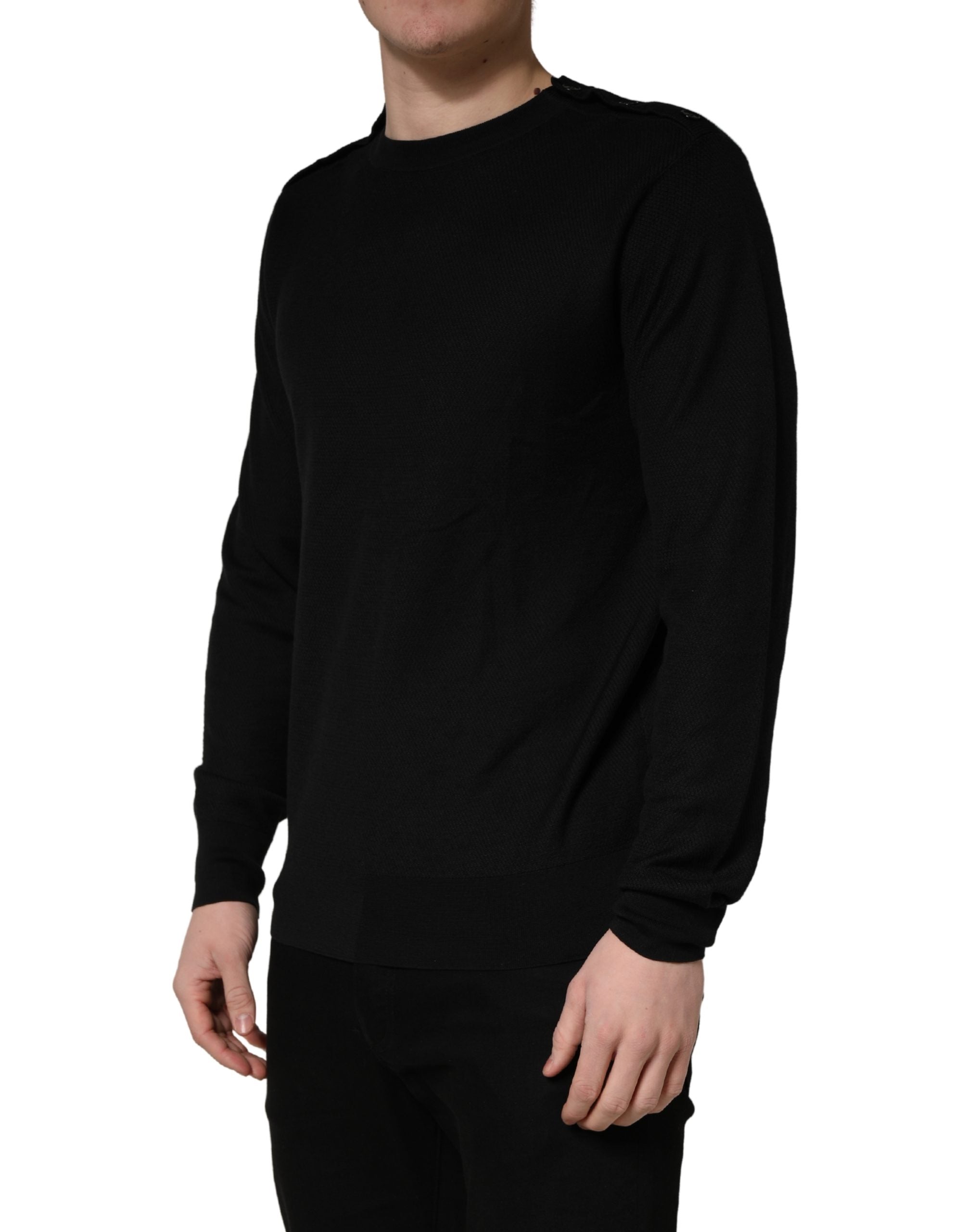 Pull à manches longues noir Dolce & Gabbana, col rond, élégant et chaud, en tissu doux et confortable.