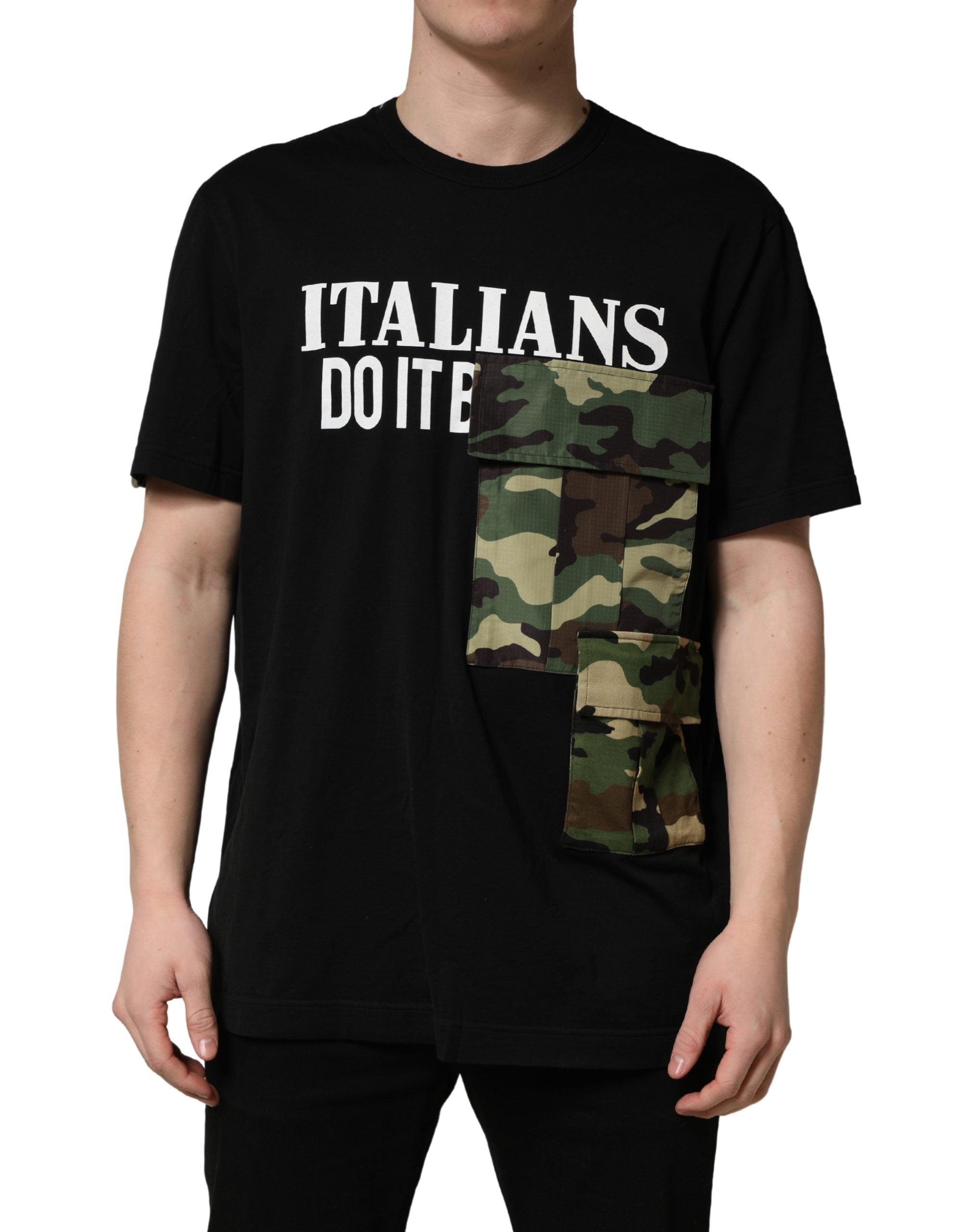 T-shirt en coton noir avec motif camouflage graphique Dolce & Gabbana, col rond, design tendance et moderne.