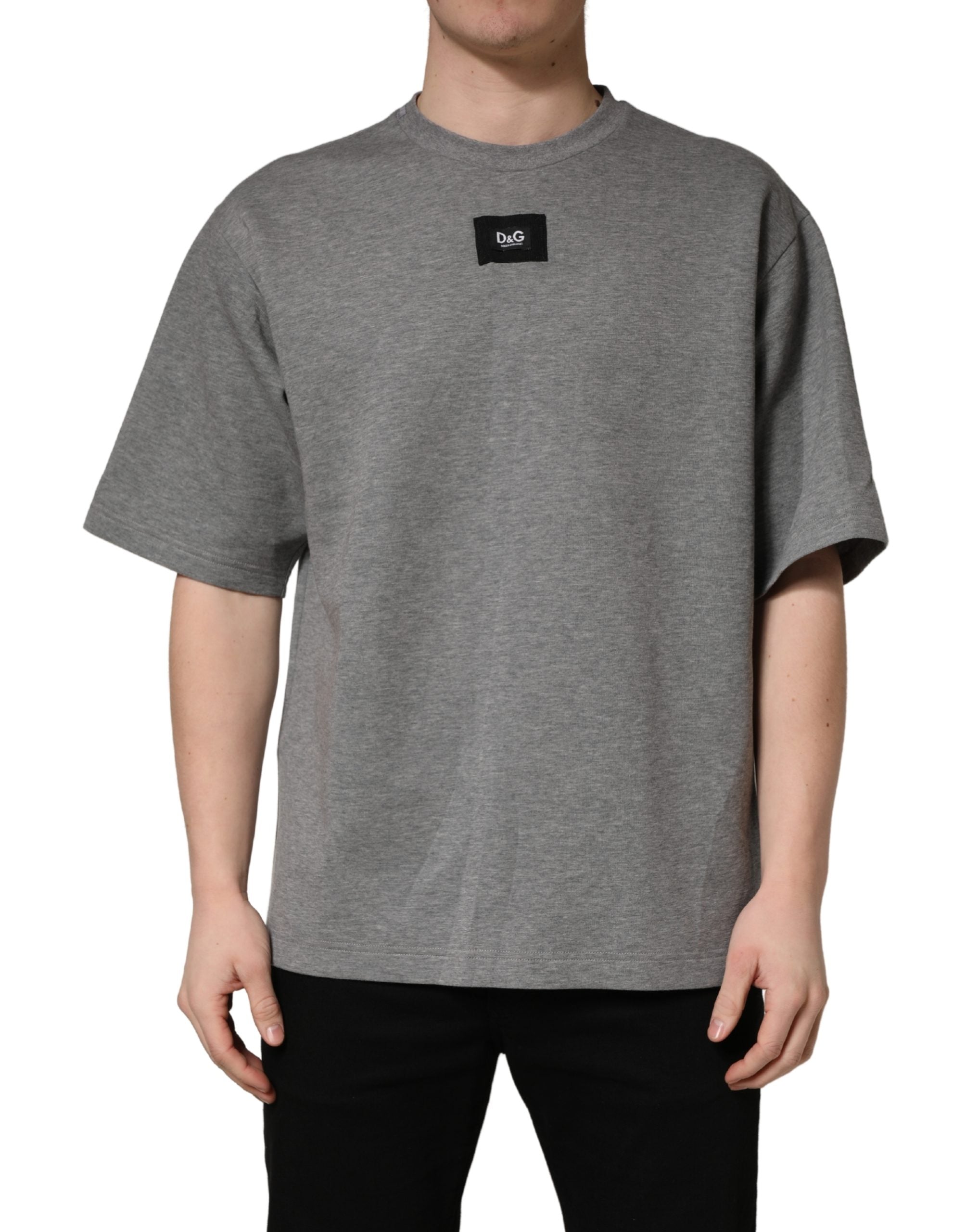 T-shirt gris en coton Dolce & Gabbana avec logo appliqué, col rond et style décontracté.