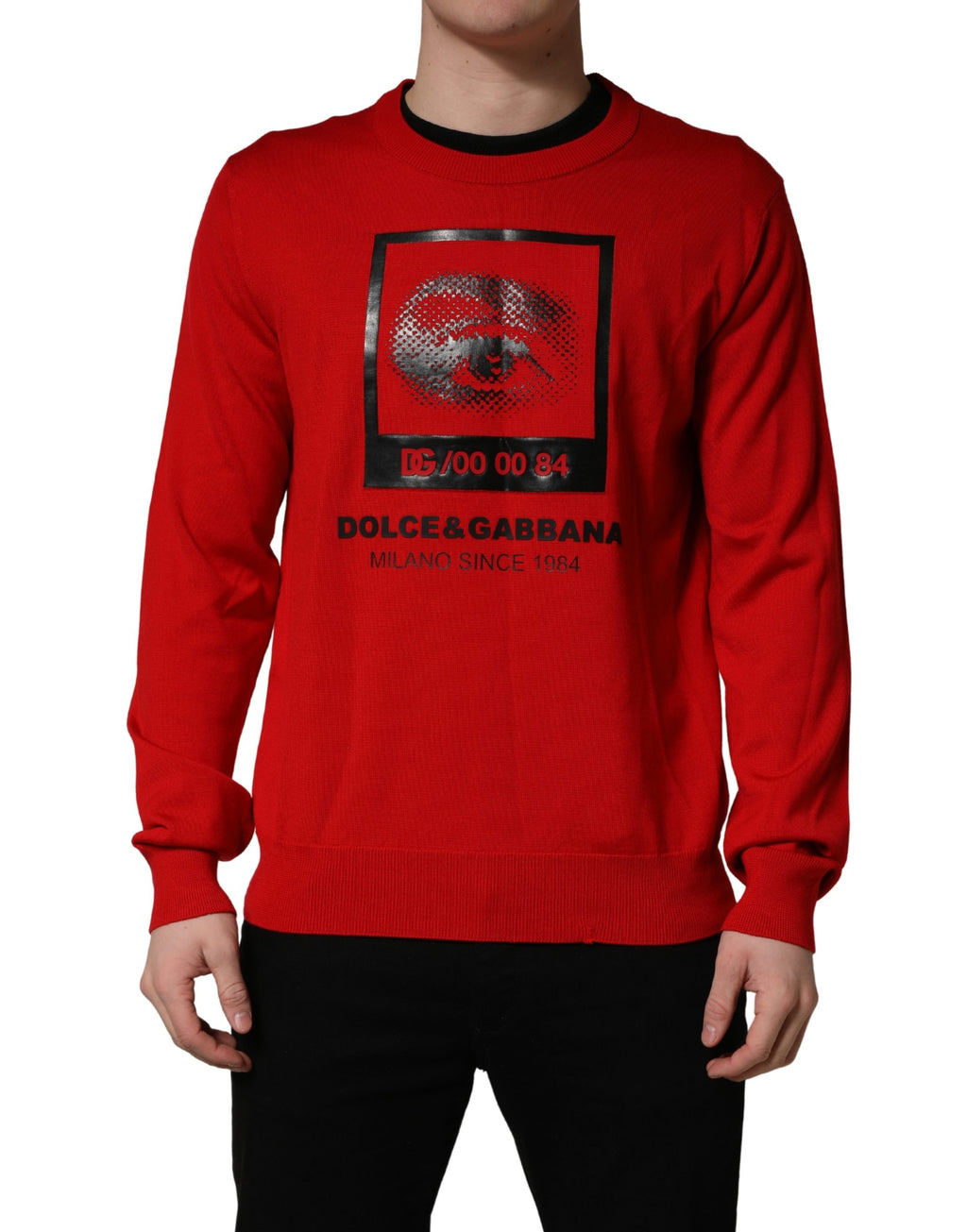 Pull à manches longues Dolce & Gabbana rouge avec motif œil imprimé, col ras du cou, en coton.