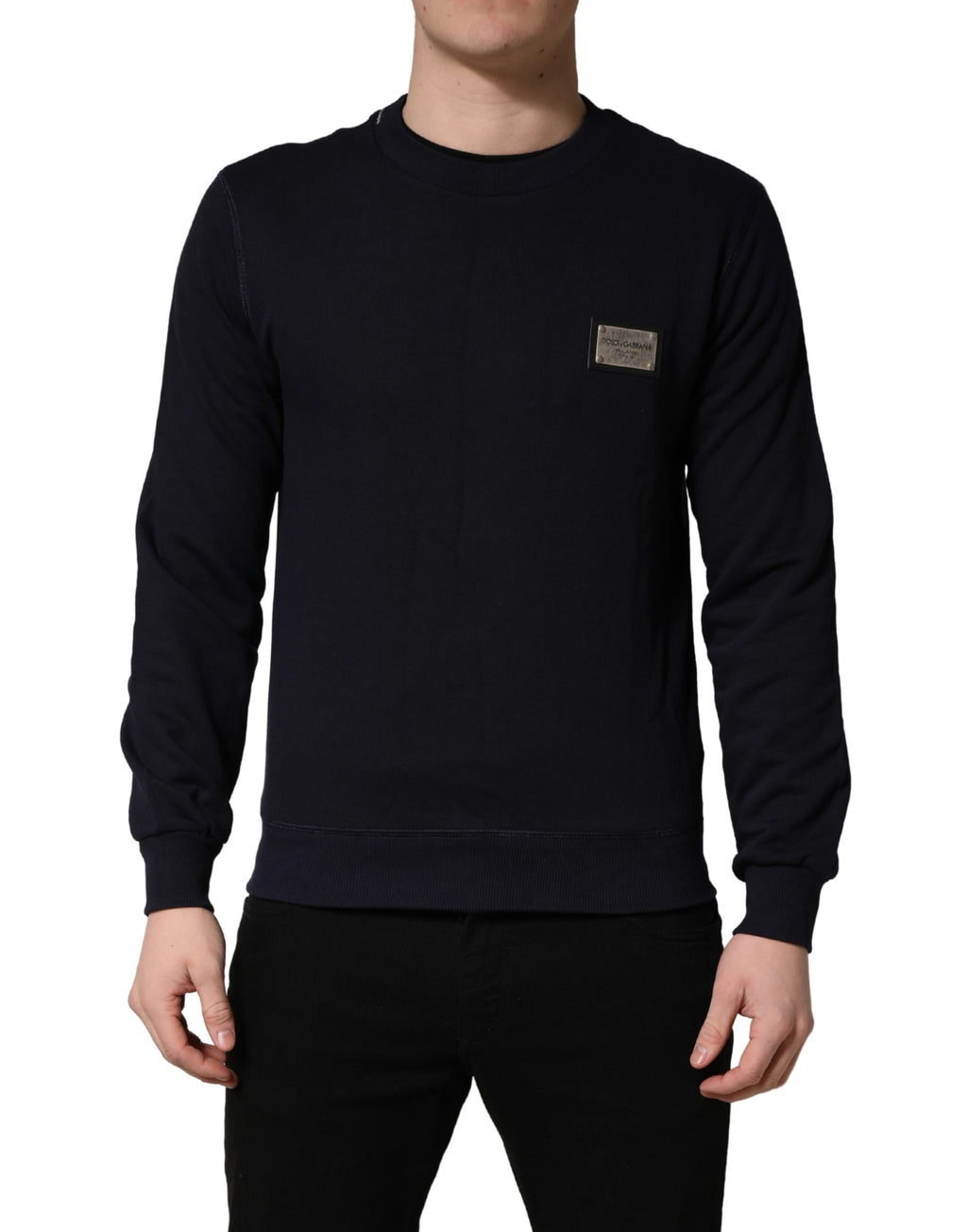Sweat-shirt en jersey noir Dolce & Gabbana avec logo en plaque, coton confortable et style décontracté.