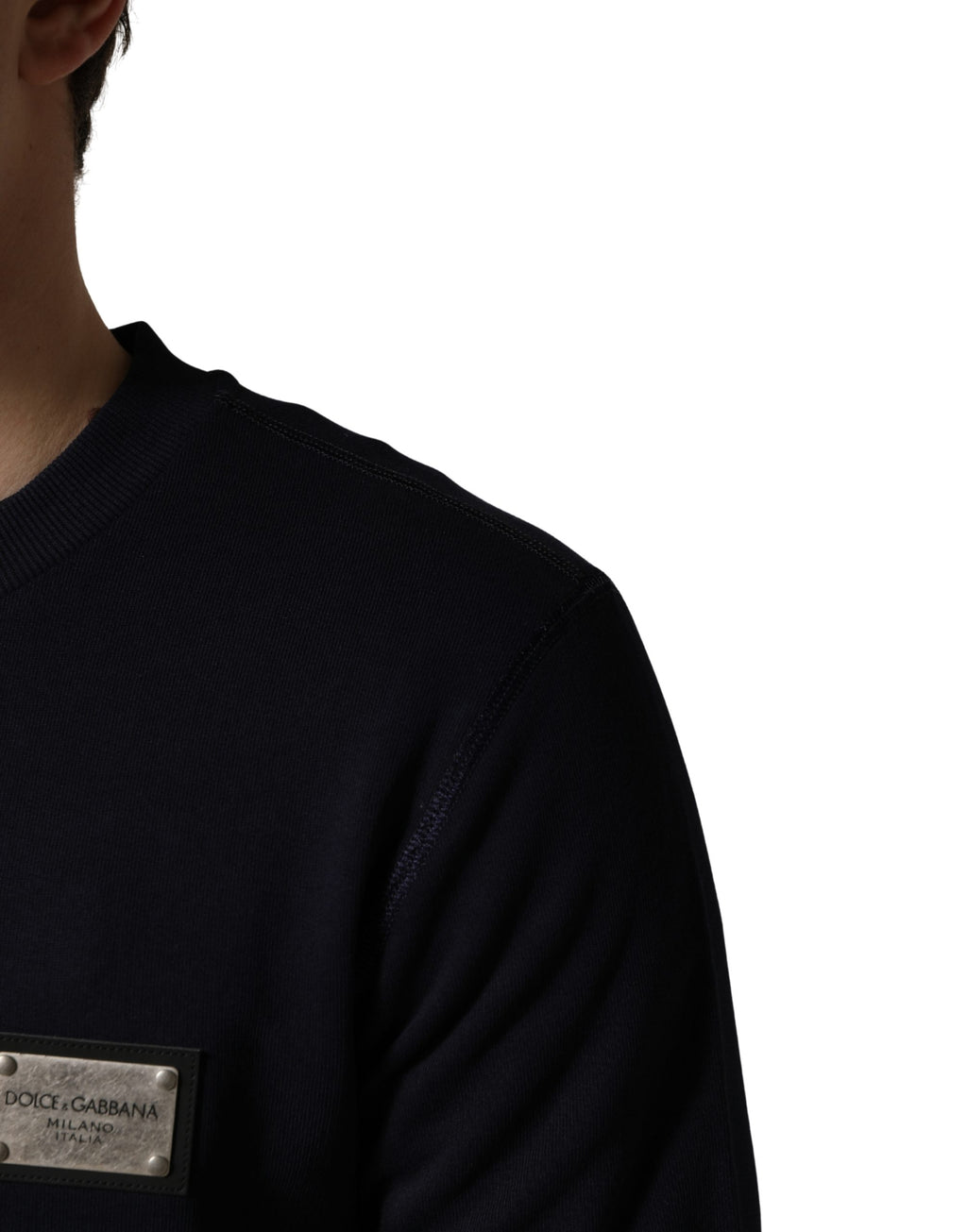 Sweat-shirt en jersey noir Dolce & Gabbana avec plaque logo, coton, style décontracté et élégant, vue de face.