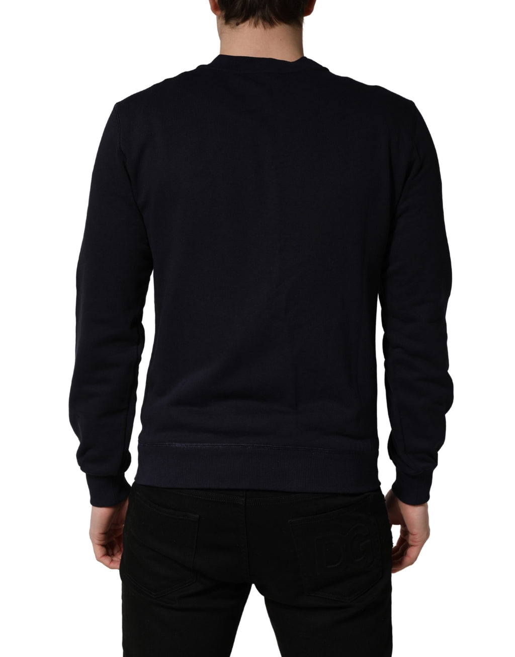 Sweatshirt en jersey noir Dolce & Gabbana avec plaque logo en coton, style décontracté et élégant, vue de face.