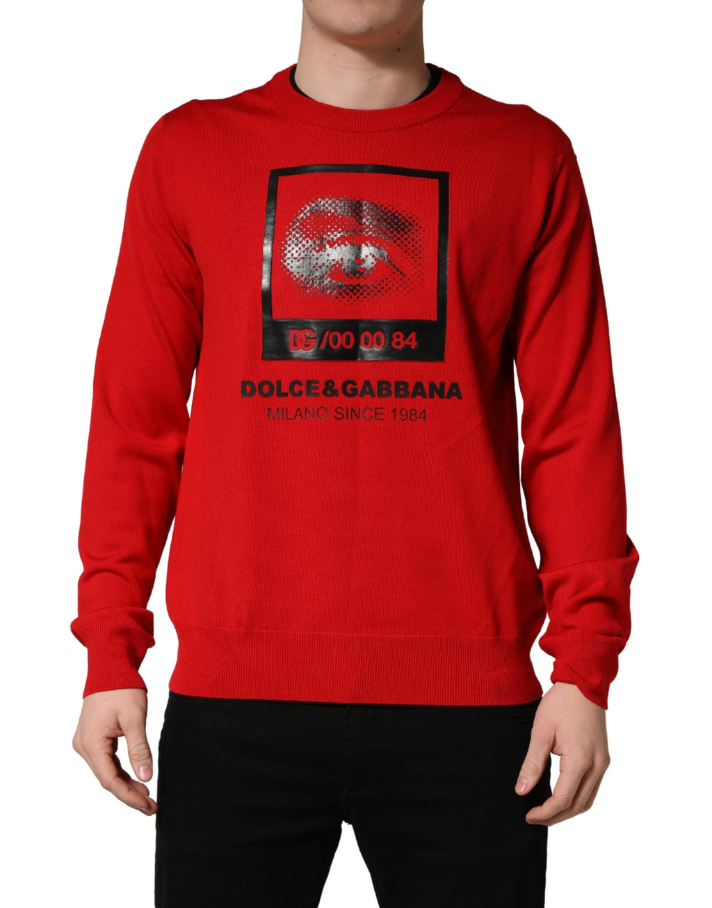 Pull à manches longues Dolce & Gabbana avec motif yeux rouges sur col rond, en maille confortable.