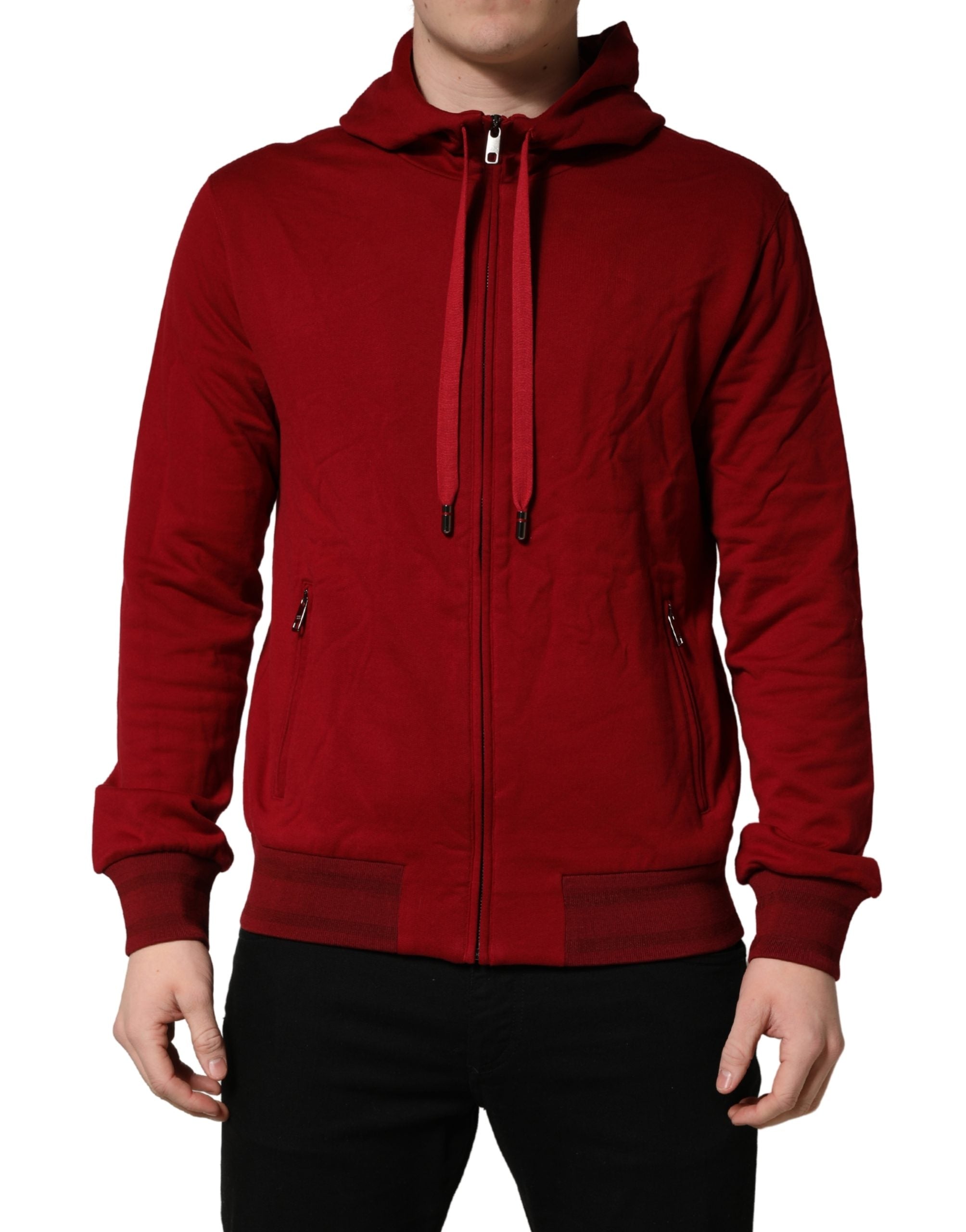 Sweat à capuche homme Dolce & Gabbana en coton rouge avec zip complet, style décontracté et confortable.