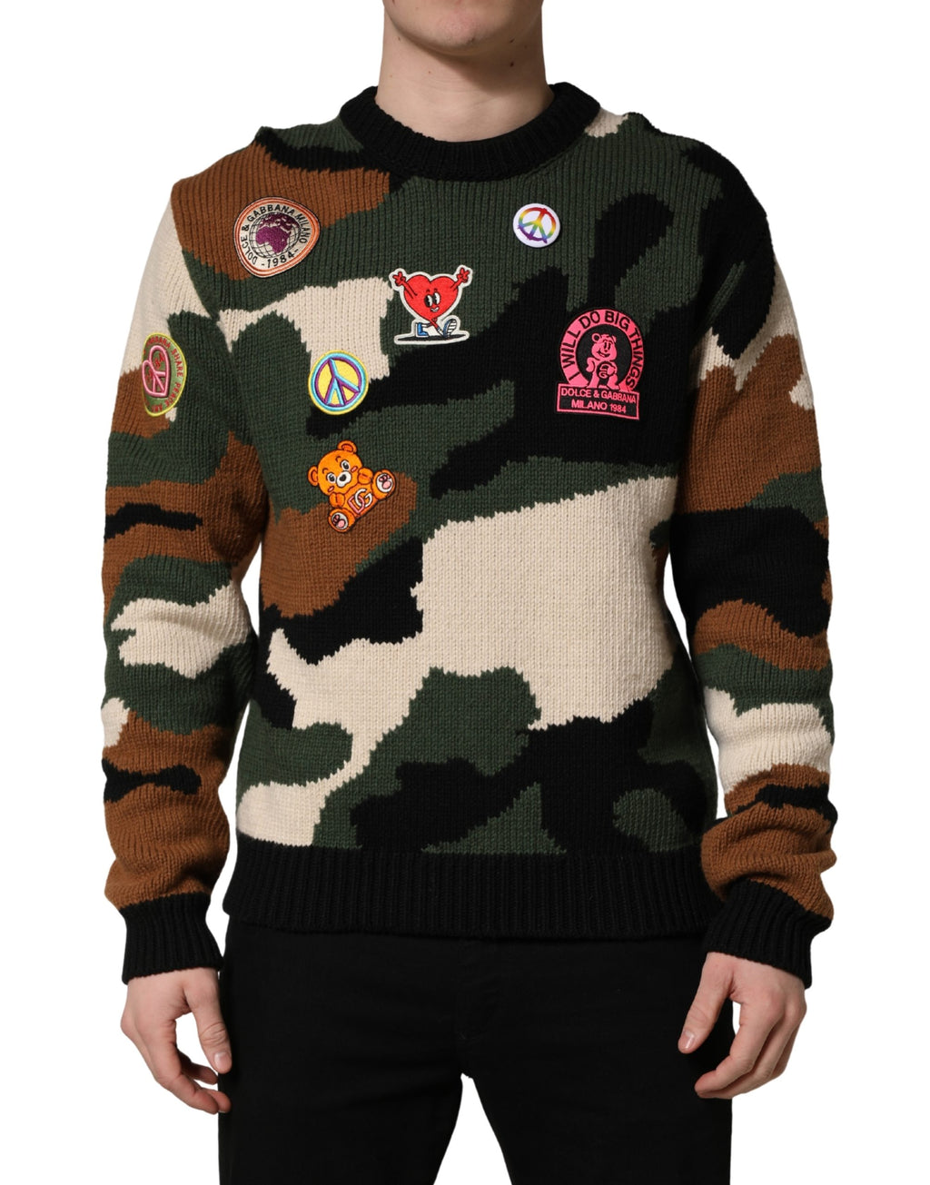 Pull à manches longues Dolce & Gabbana en maille à motif camouflage multicolore, style intarsia.