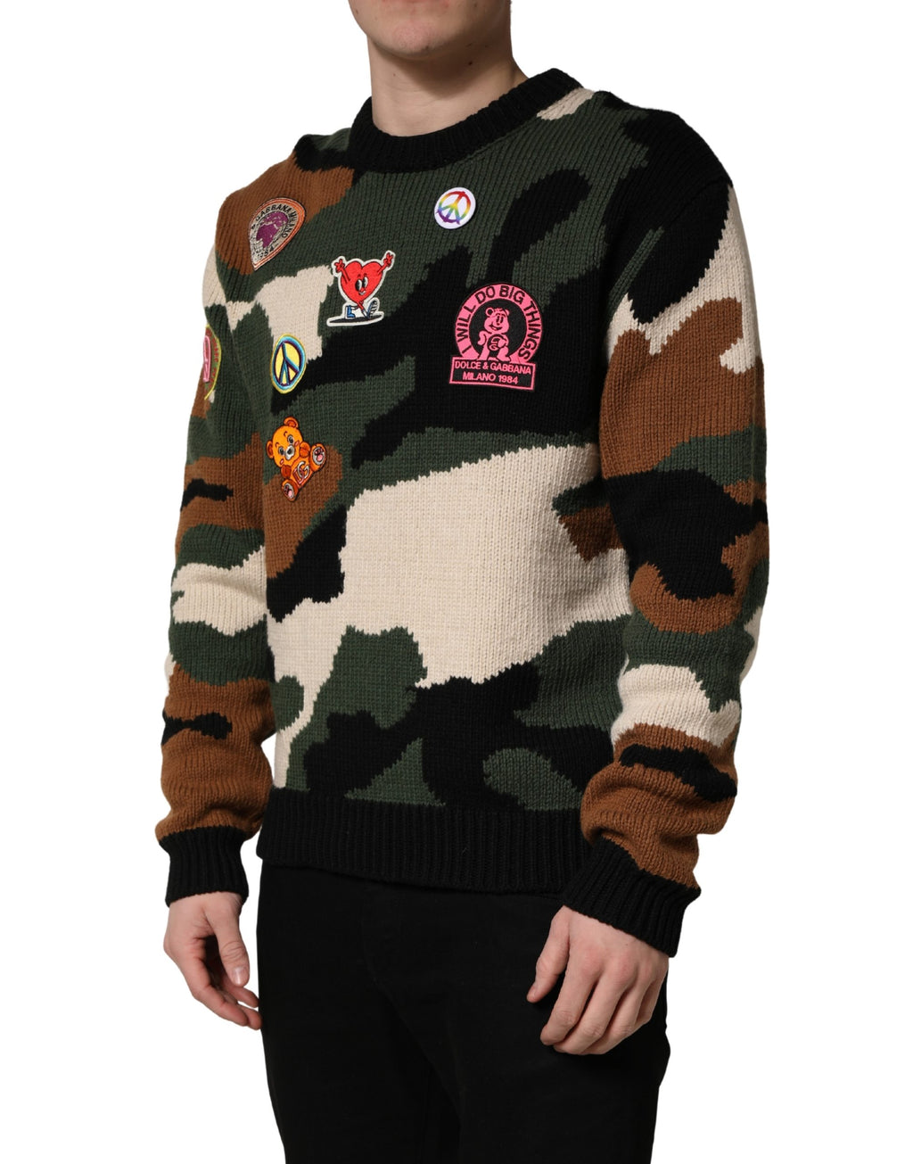 Pull à col rond Dolce & Gabbana en maille multicolore avec motif camouflage, style élégant et moderne.