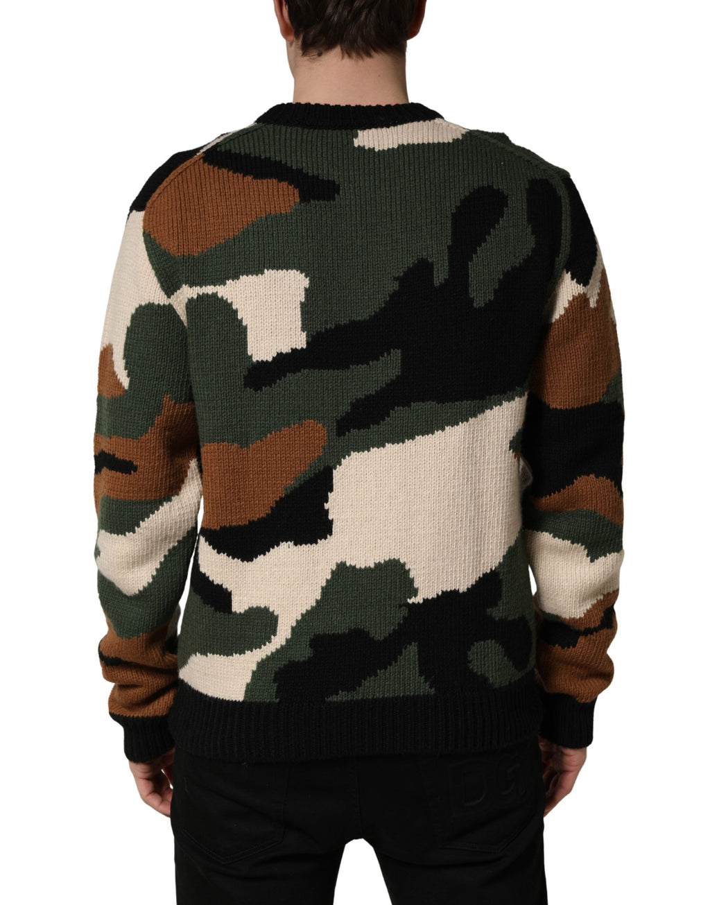 Pull en laine Dolce & Gabbana multicolore à motif camouflage, pull à manches longues avec intarsia colorée et style tendance.