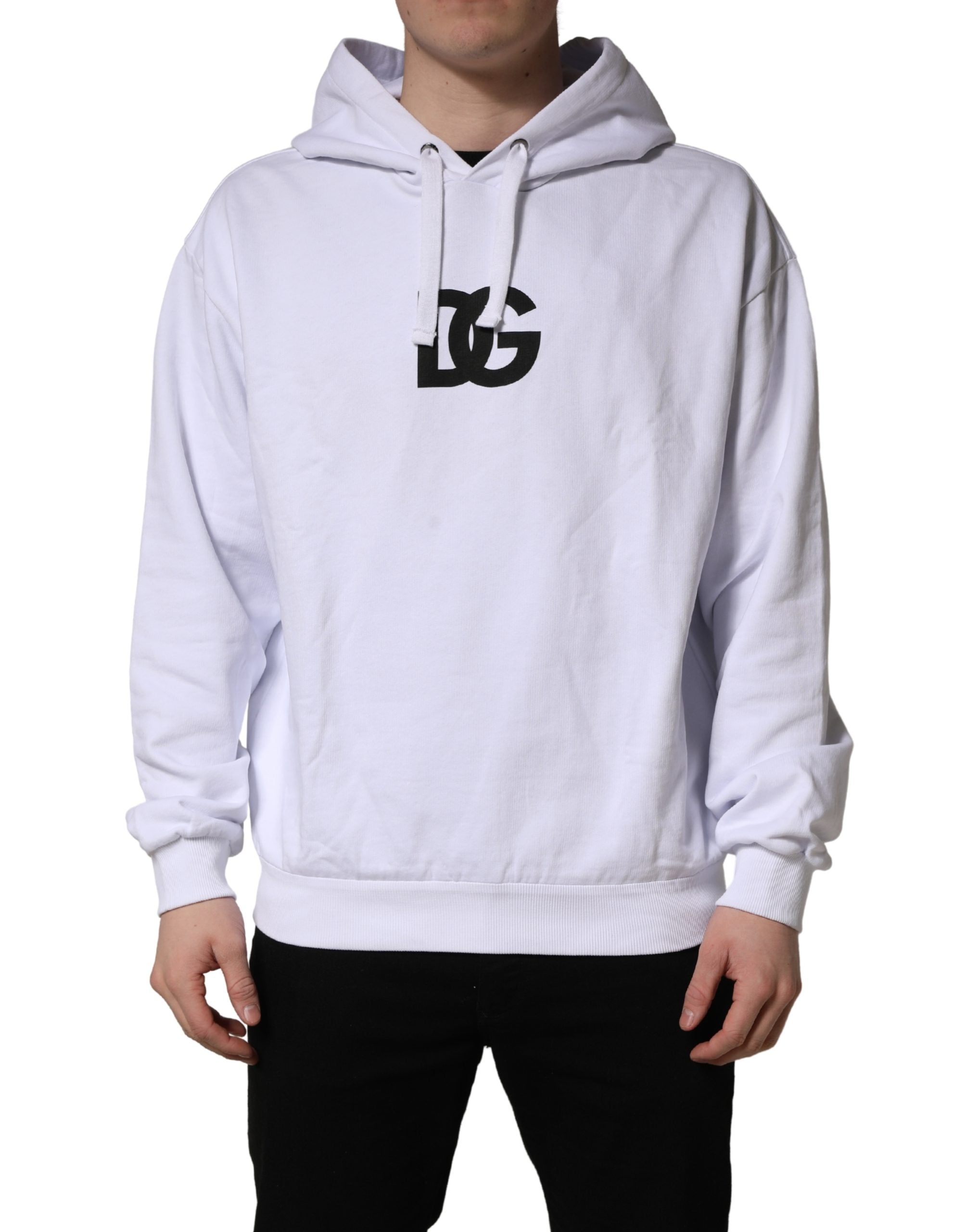 Sweat à capuche blanc Dolce & Gabbana en coton avec logo imprimé, vue de face sur fond neutre.