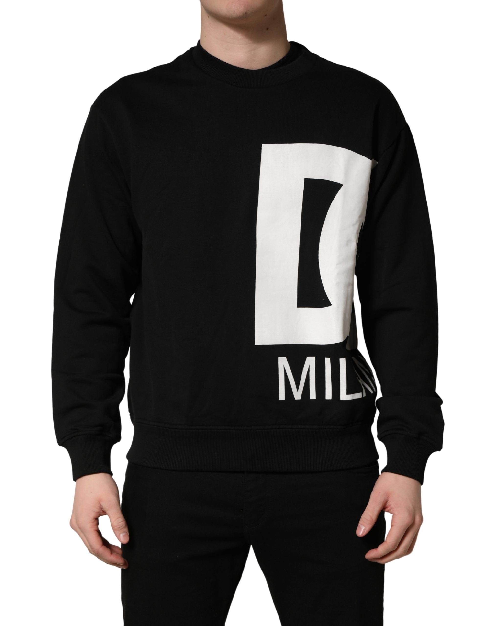Sweat-shirt noir Dolce & Gabbana avec logo Milano en coton, vue de face, décontracté et confortable.