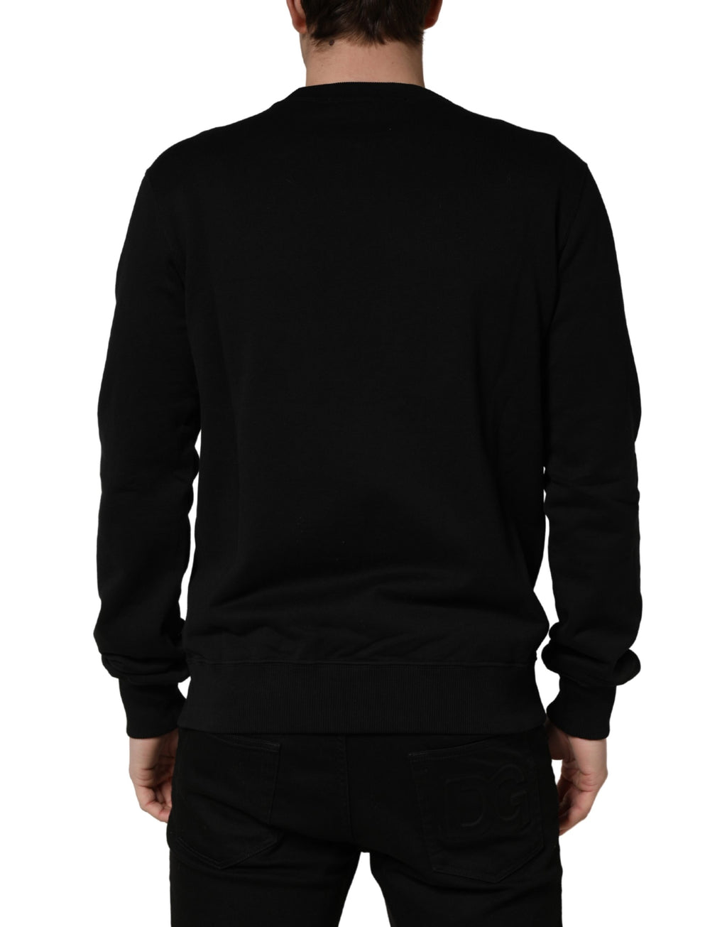Sweatshirt en coton noir Dolce & Gabbana avec embellissements, look décontracté et élégant, détail de broderies et de perles.