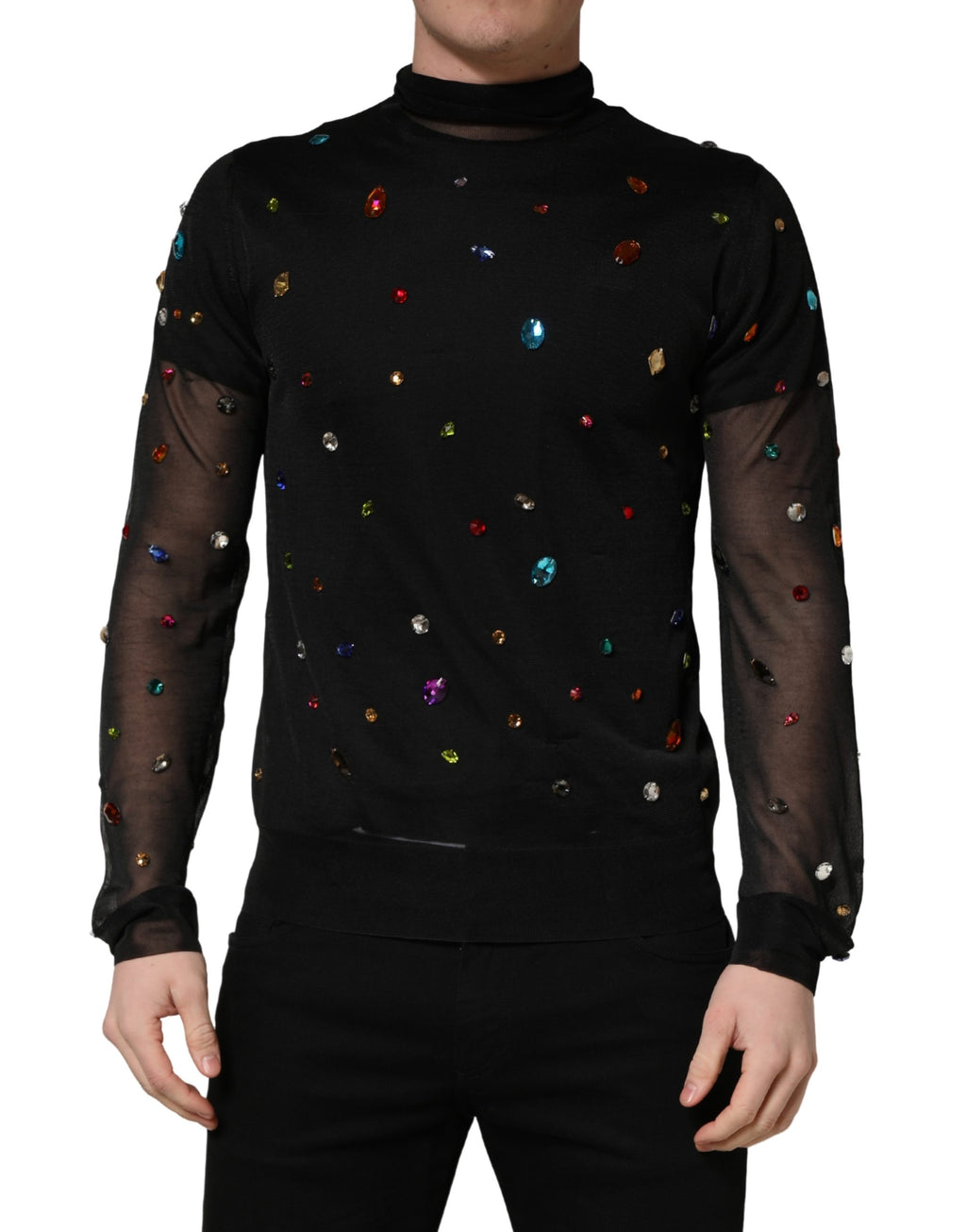 Pull à col roulé Dolce & Gabbana noir orné de cristaux, doux et élégant, avec détails scintillants visibles sur le devant.