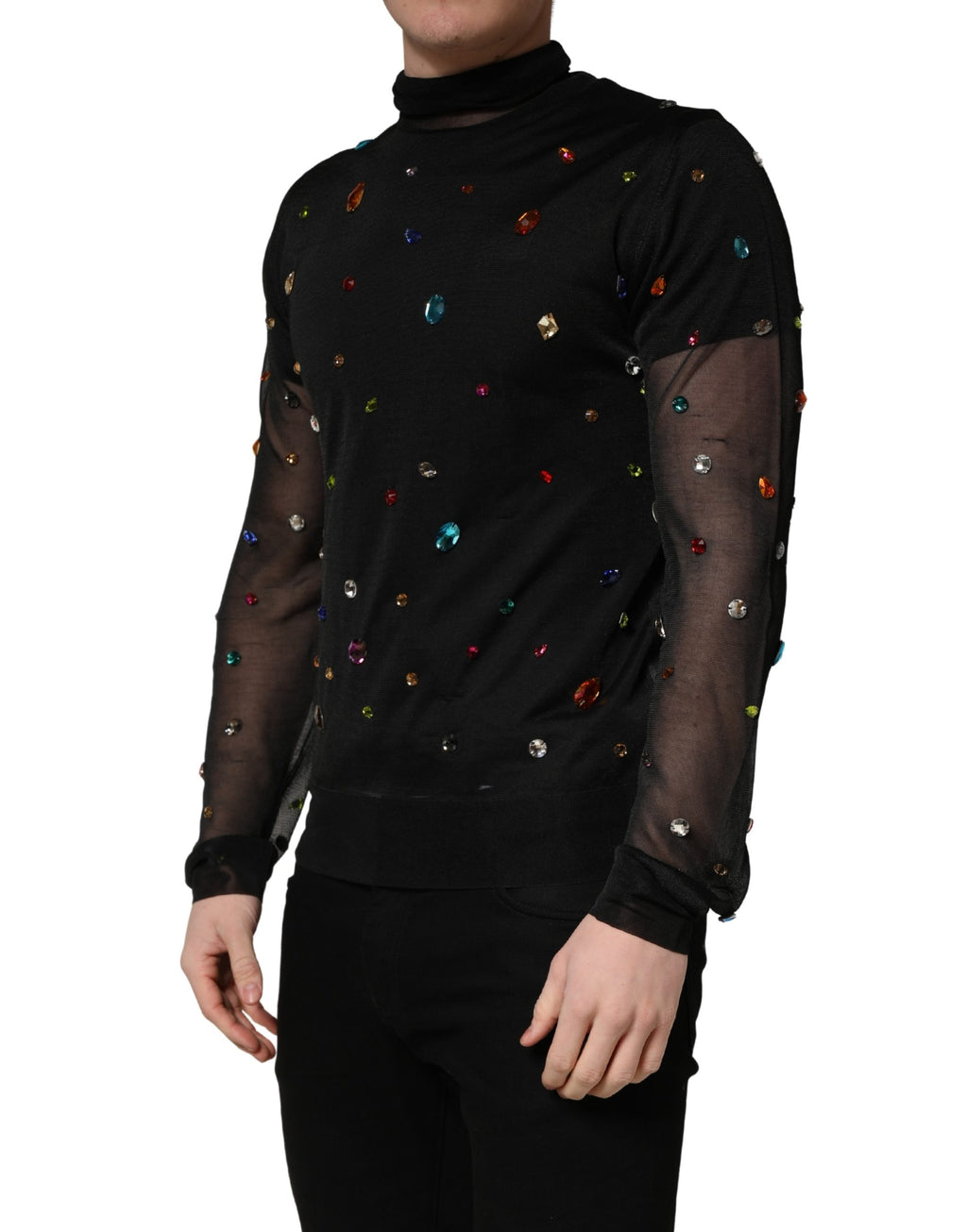 Pull noir à col roulé Dolce & Gabbana avec embellissements en cristaux, style élégant et sophistiqué.