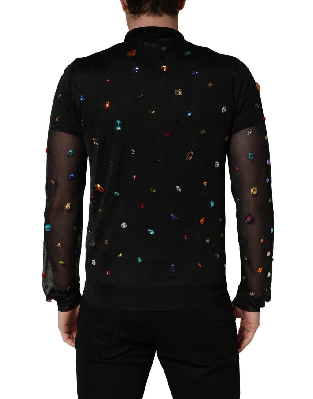 Pull à col roulé noir Dolce & Gabbana avec embellissements en cristaux, vue de face, détails élégants et sophistiqués.