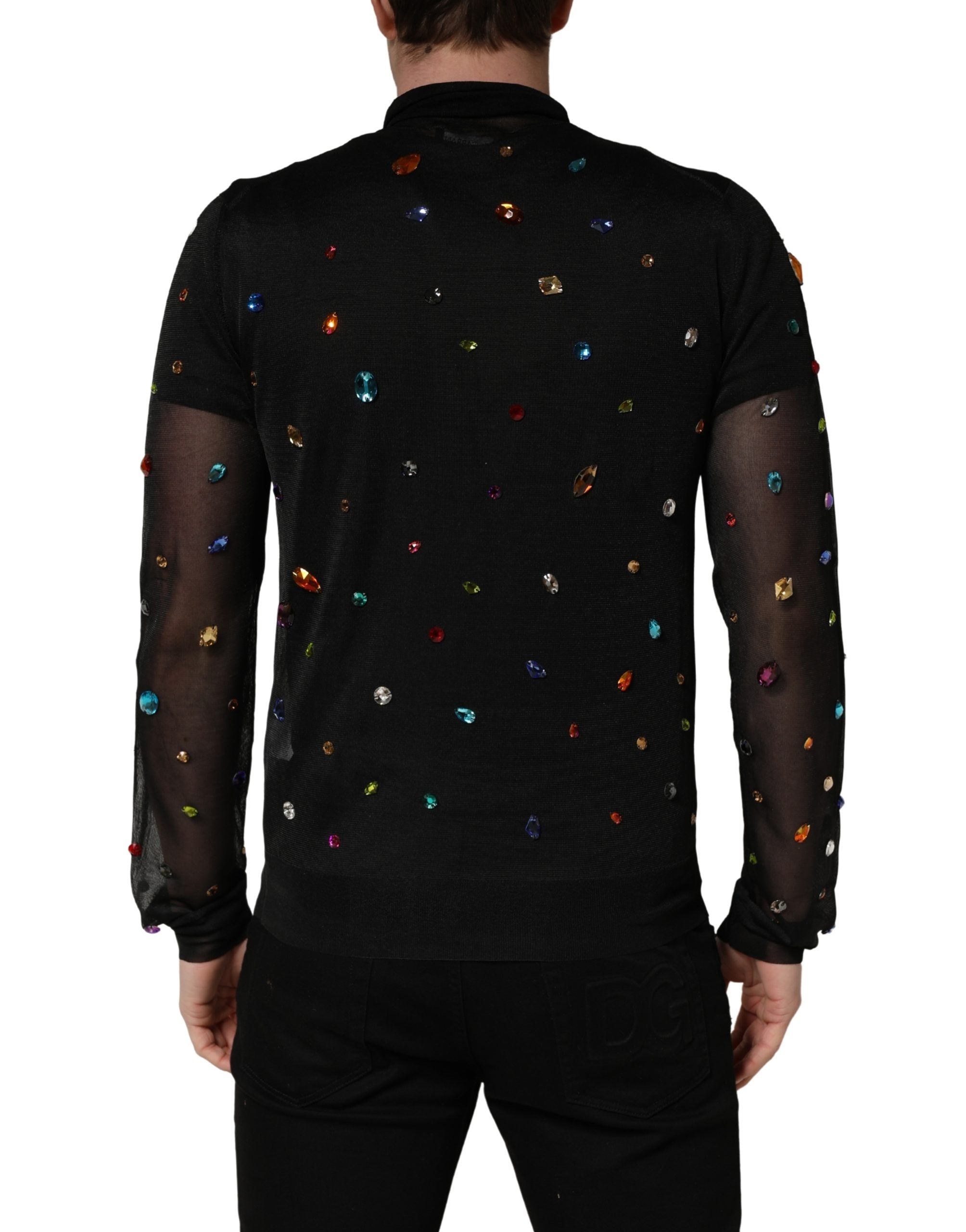 Pull à col roulé noir Dolce & Gabbana avec embellissements en cristaux, vue de face, détails élégants et sophistiqués.