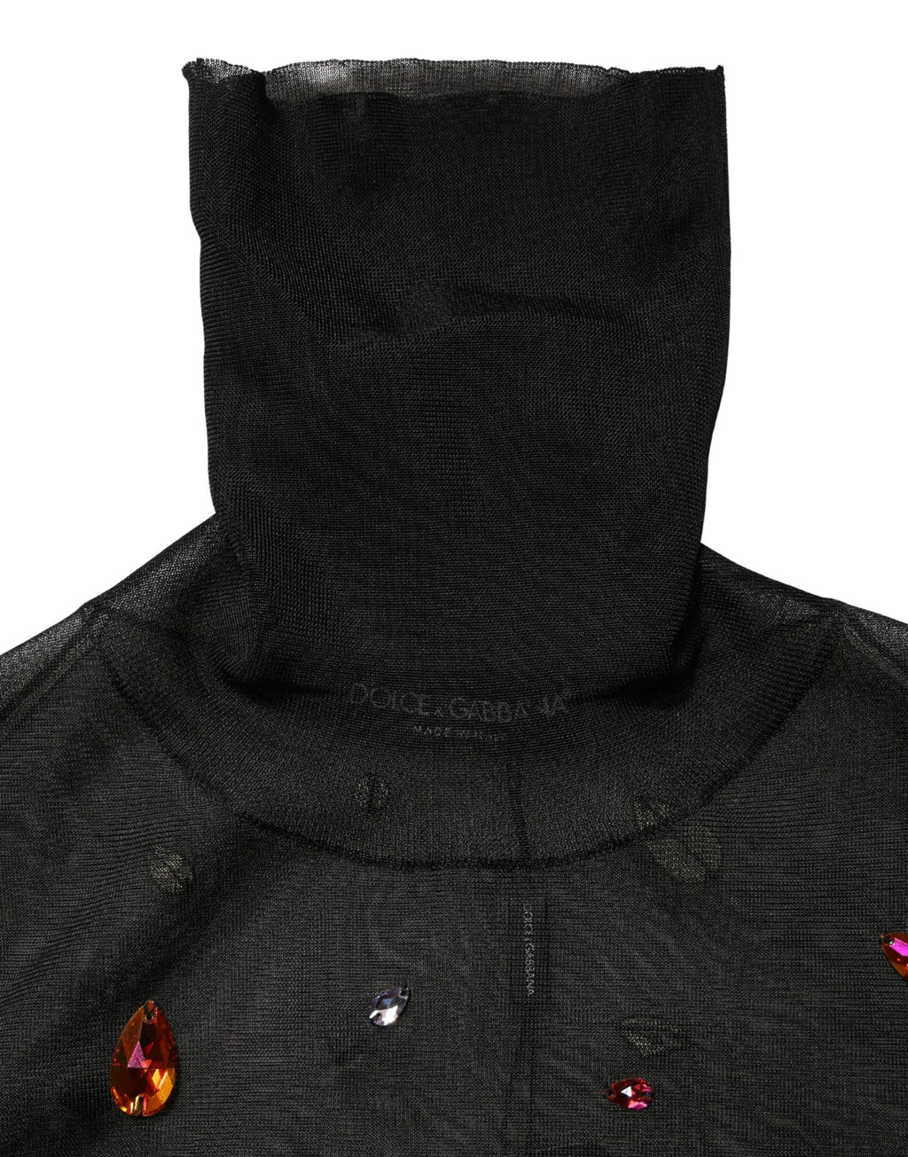 Pull noir Dolce & Gabbana à col roulé orné de cristaux brillants, élégant et sophistiqué.