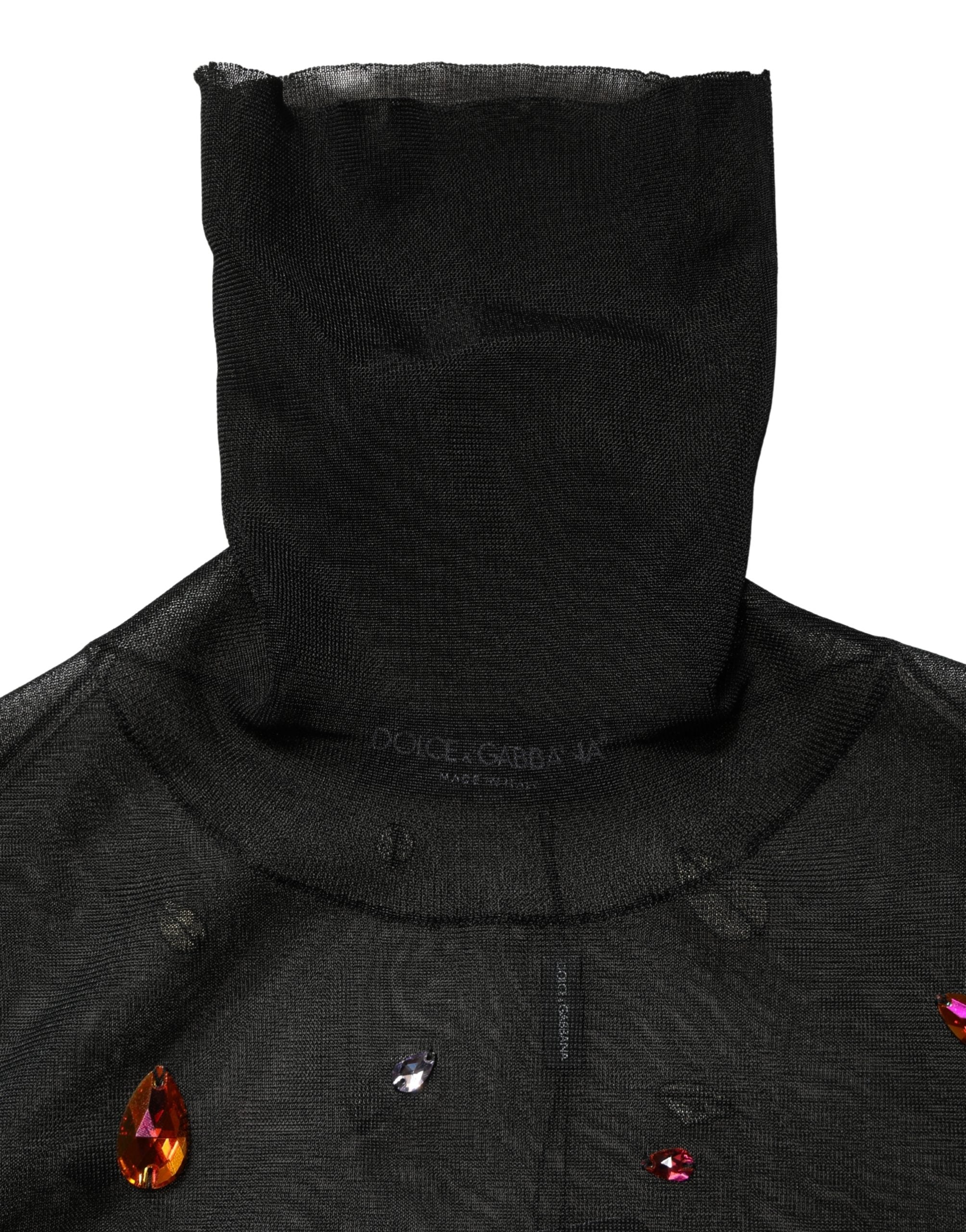Pull noir Dolce & Gabbana à col roulé orné de cristaux brillants, élégant et sophistiqué.
