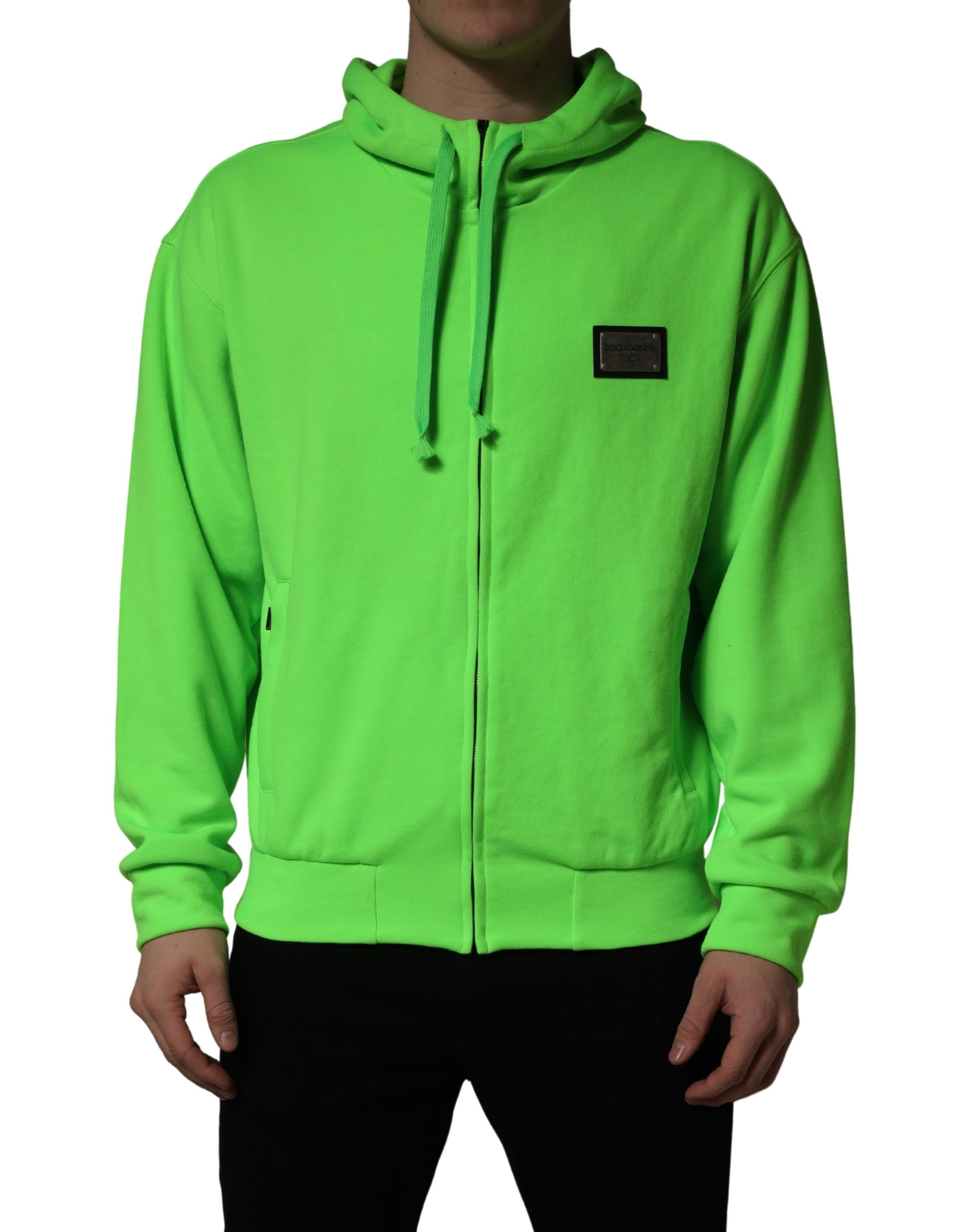 Sweatshirt à capuche Dolce & Gabbana en fleece vert avec fermeture éclair complète, style décontracté et confortable.