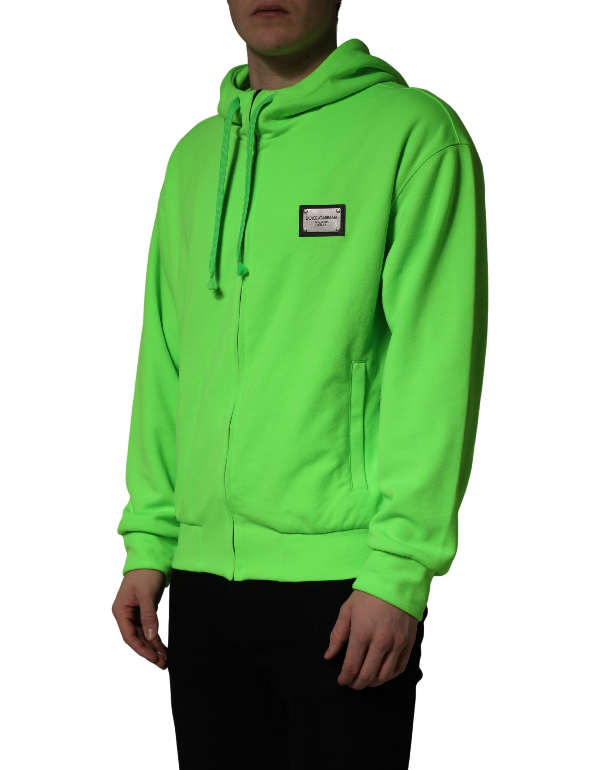 Sweat à capuche en polaire verte Dolce & Gabbana avec fermeture éclair complète, style décontracté et confort.