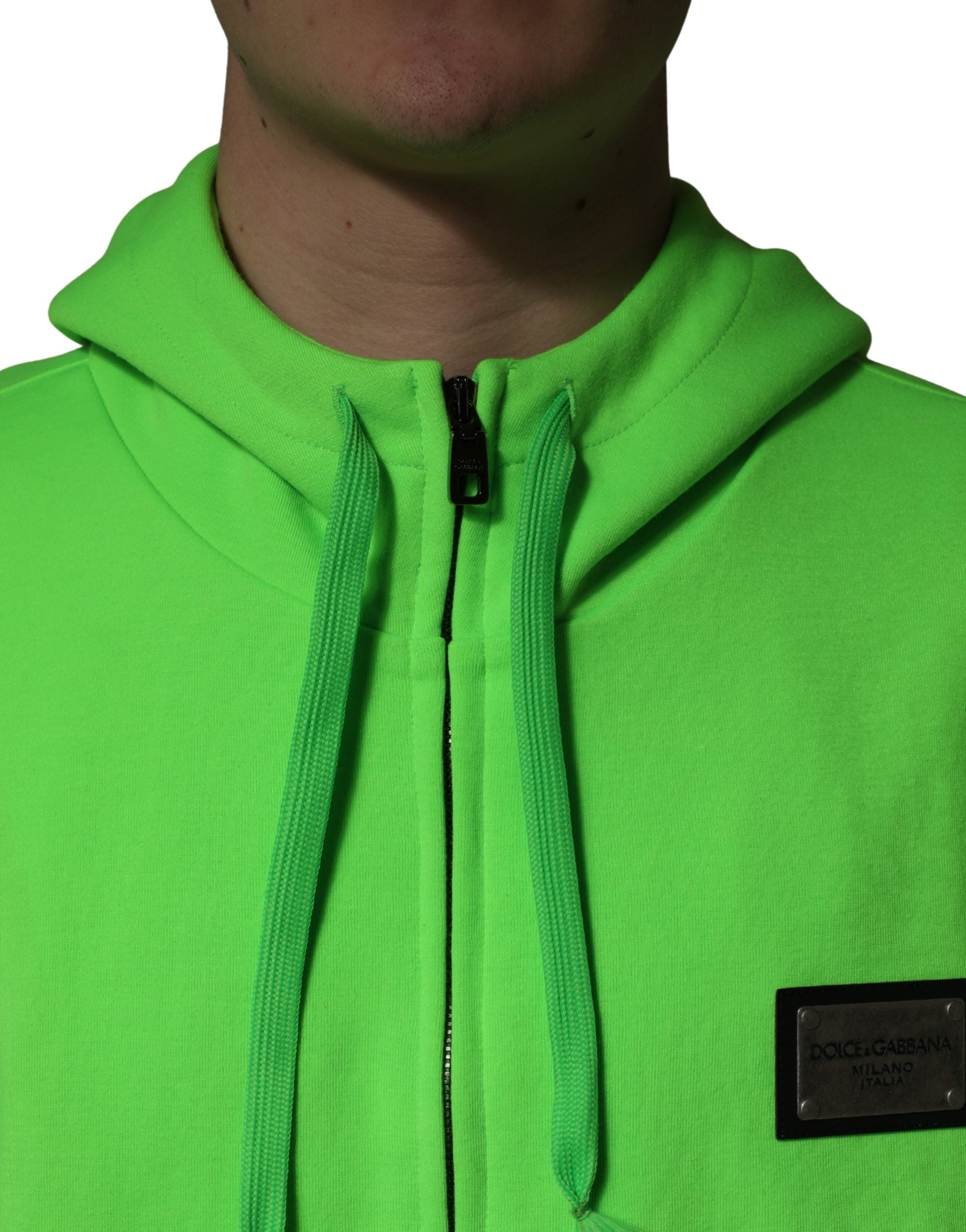 Sweat à capuche en polaire Dolce & Gabbana vert avec fermeture éclair complète et style décontracté, vue de face.