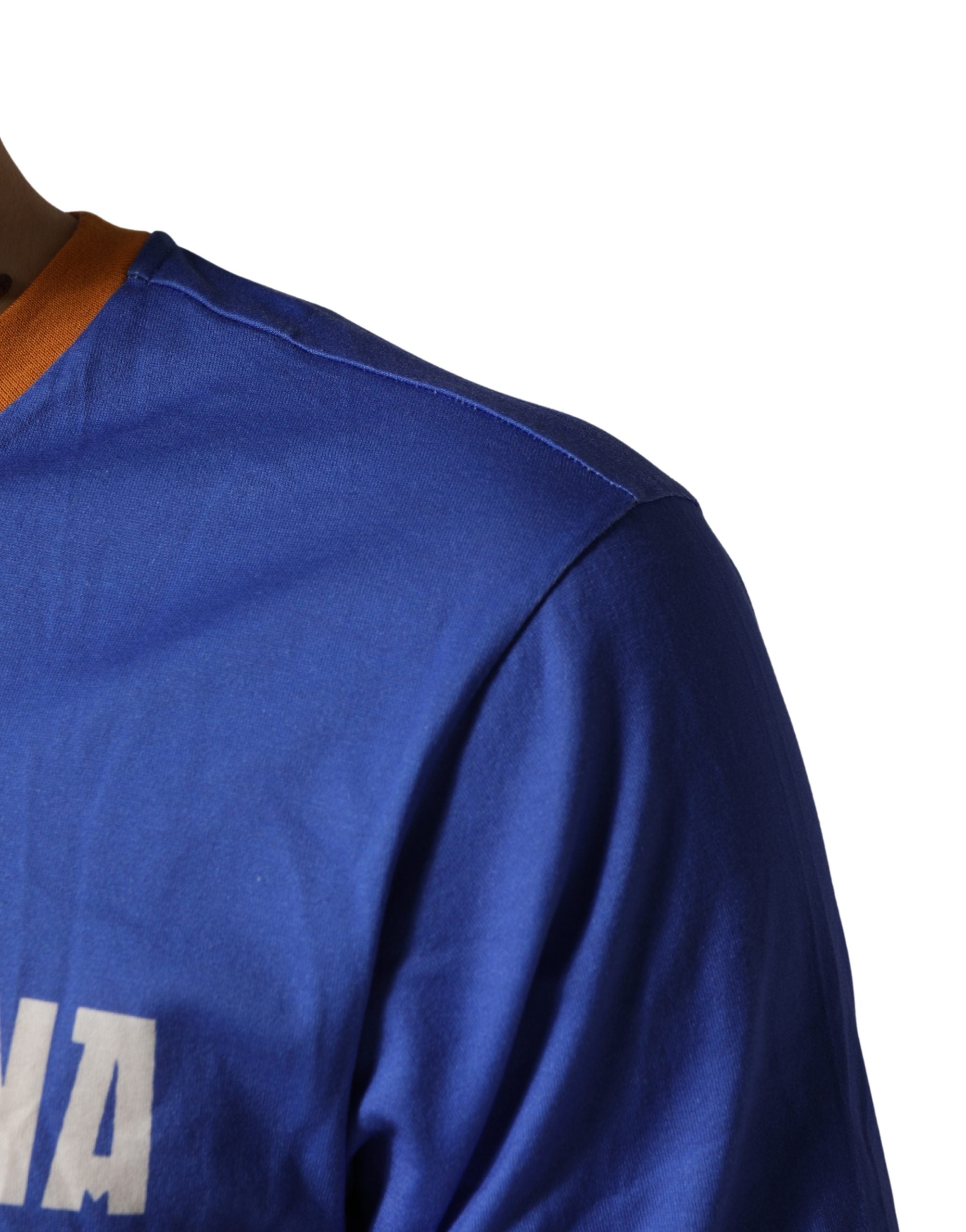 T-shirt en coton pour homme Dolce & Gabbana, graphique pasta bleu, col rond, design moderne et coloré.