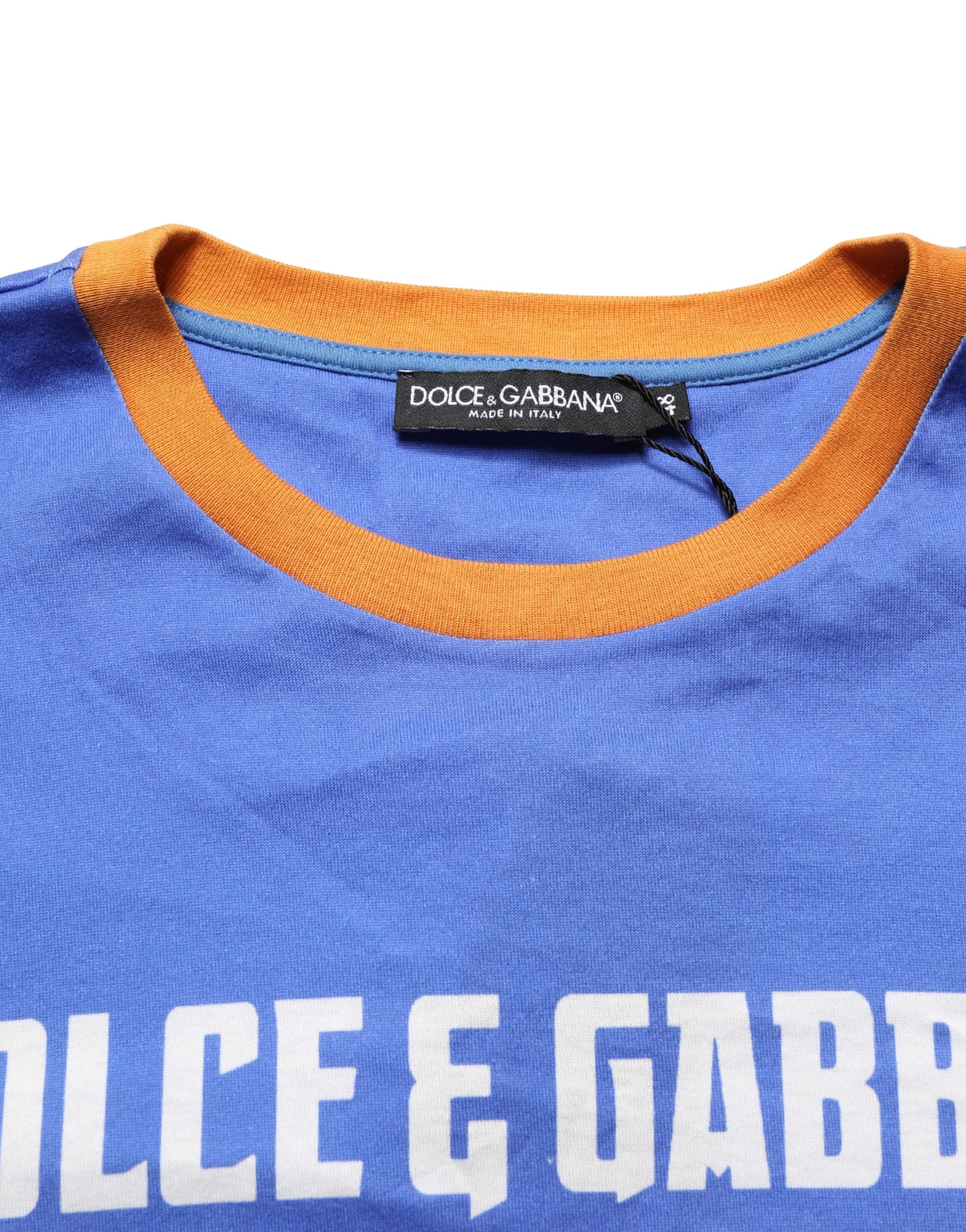 T-shirt homme en coton Dolce & Gabbana avec motif graphique de pâtes bleues et col rond, style décontracté.