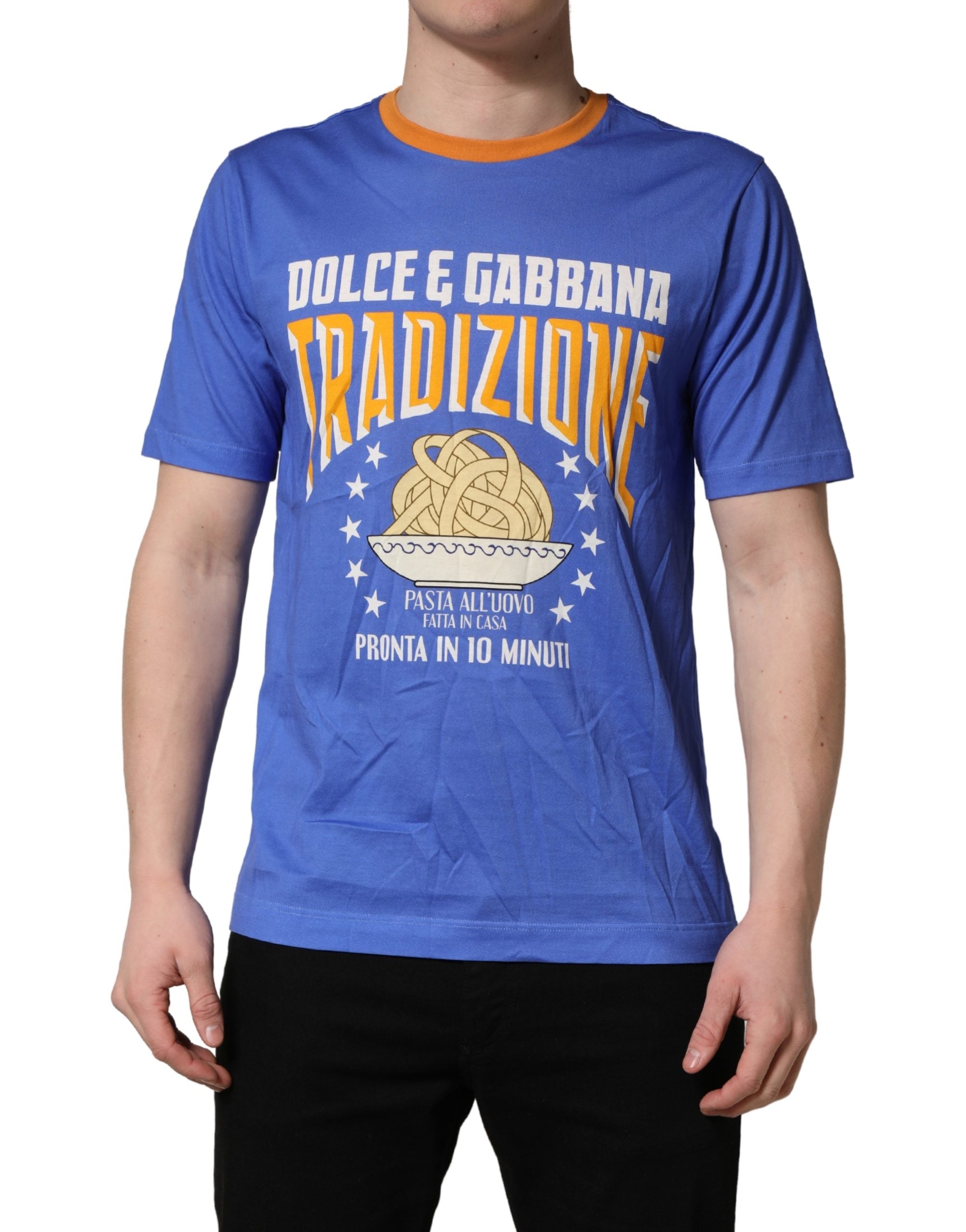 T-shirt homme en coton Dolce & Gabbana, col rond, graphique pasta bleu, motif imprimé, style décontracté.