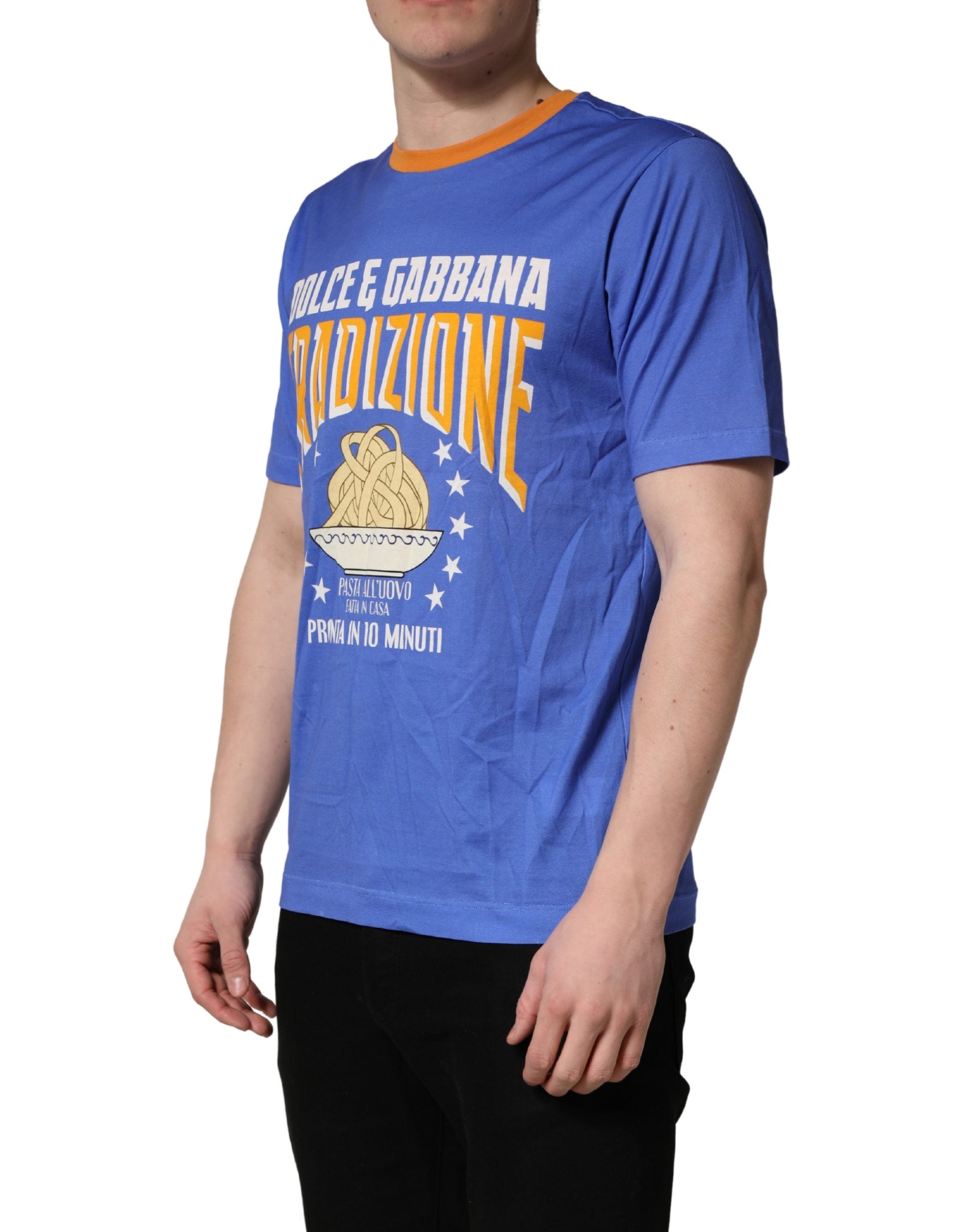 T-shirt homme Dolce & Gabbana en coton avec motif graphique de pâtes bleues et col rond.