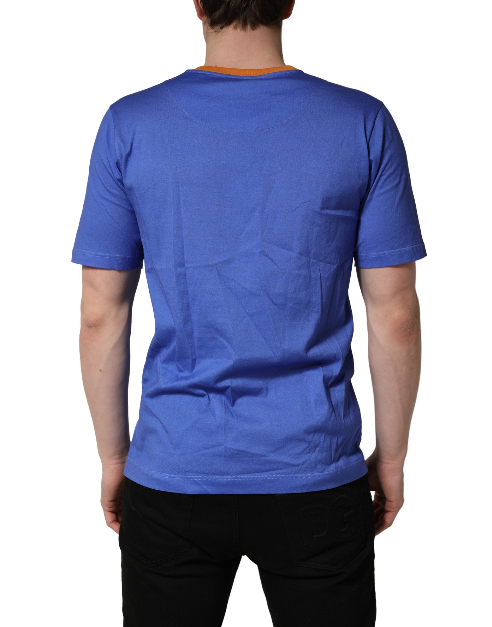 T-shirt blanc à col rond Dolce & Gabbana avec imprimé graphique de pâtes bleues en coton pour homme.