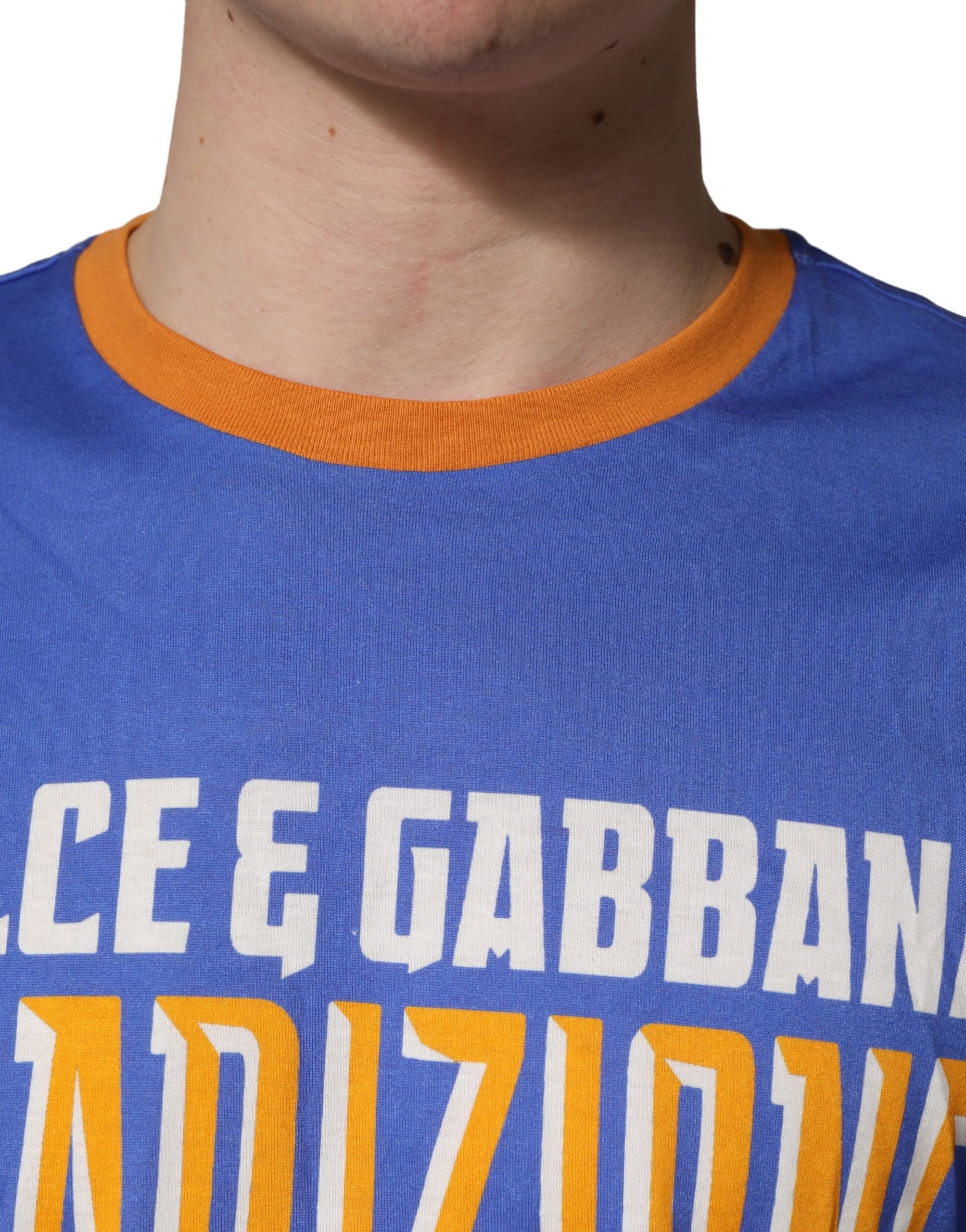 T-shirt homme Dolce & Gabbana en coton avec motif pasta graphique bleu et col rond.