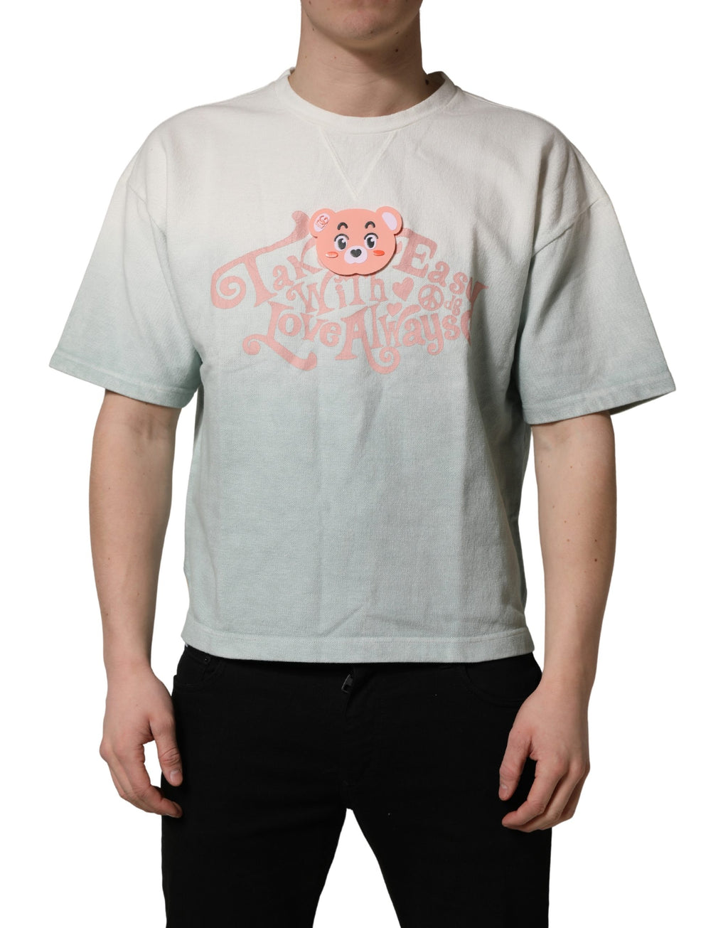 T-shirt en coton Dolce & Gabbana à col rond, motif graphique tie-dye vert, impression colorée, style décontracté.