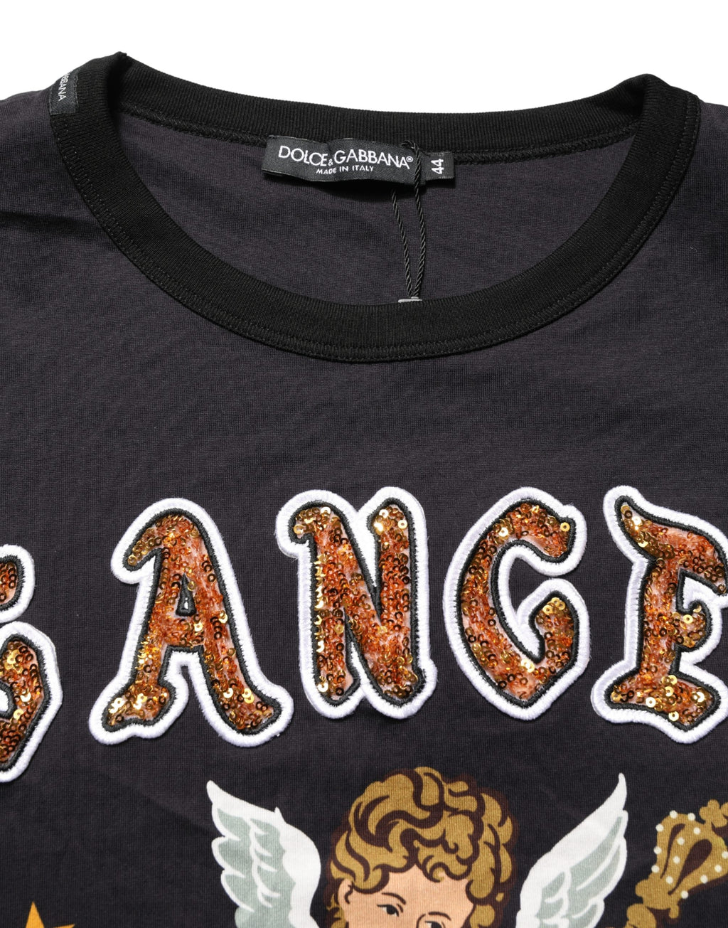 T-shirt en coton noir Dolce & Gabbana avec impression d'ange, col rond, style décontracté et graphique.
