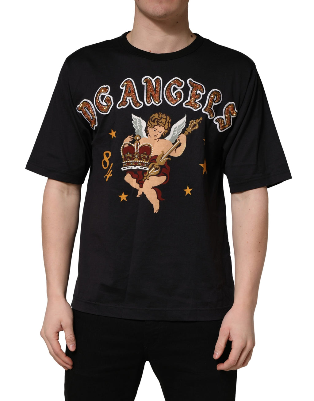 T-shirt en coton noir avec impression d'ange de Dolce & Gabbana, col rond, style décontracté et graphique.