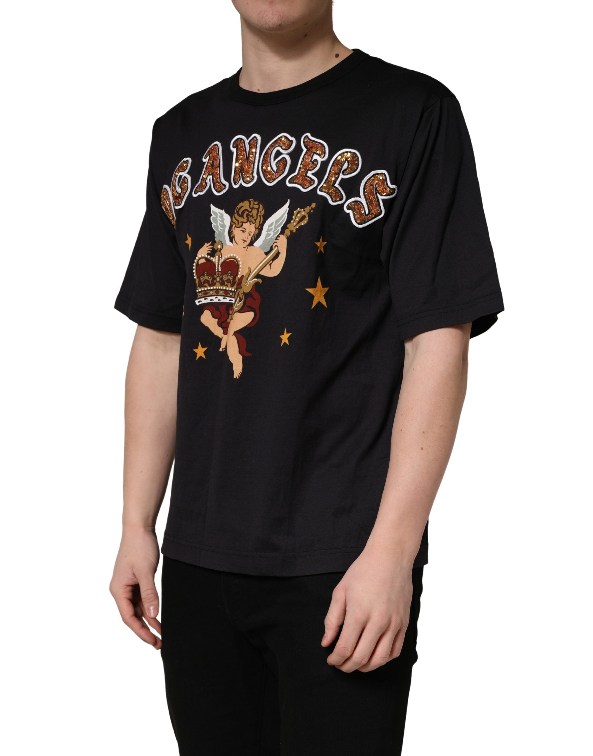T-shirt noir en coton Dolce & Gabbana avec imprimé d'ange, col rond, style décontracté et motif artistique visible.