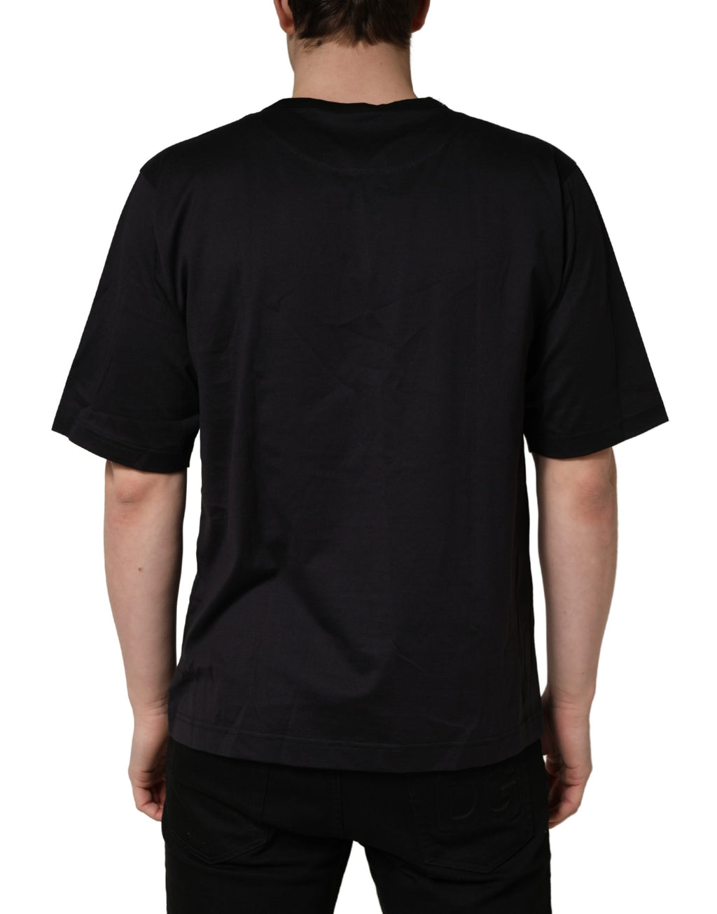 T-shirt noir Dolce & Gabbana en coton avec imprimé ange blanc et col rond, mode décontractée et élégante.