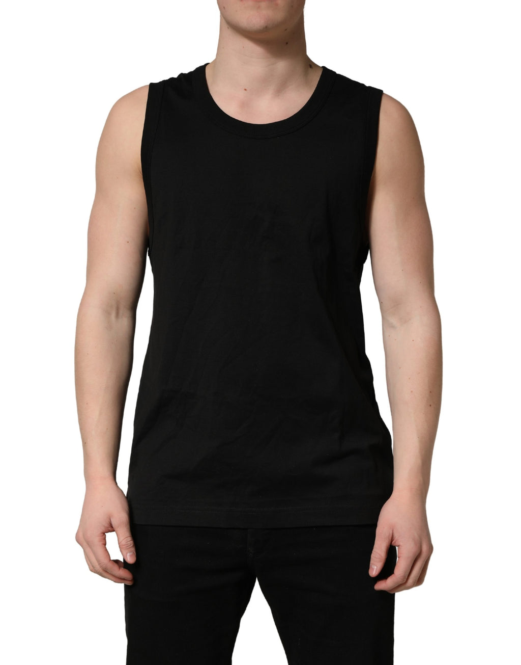 T-shirt sans manches pour homme Dolce & Gabbana en coton noir, vue de face, style décontracté et élégance moderne.