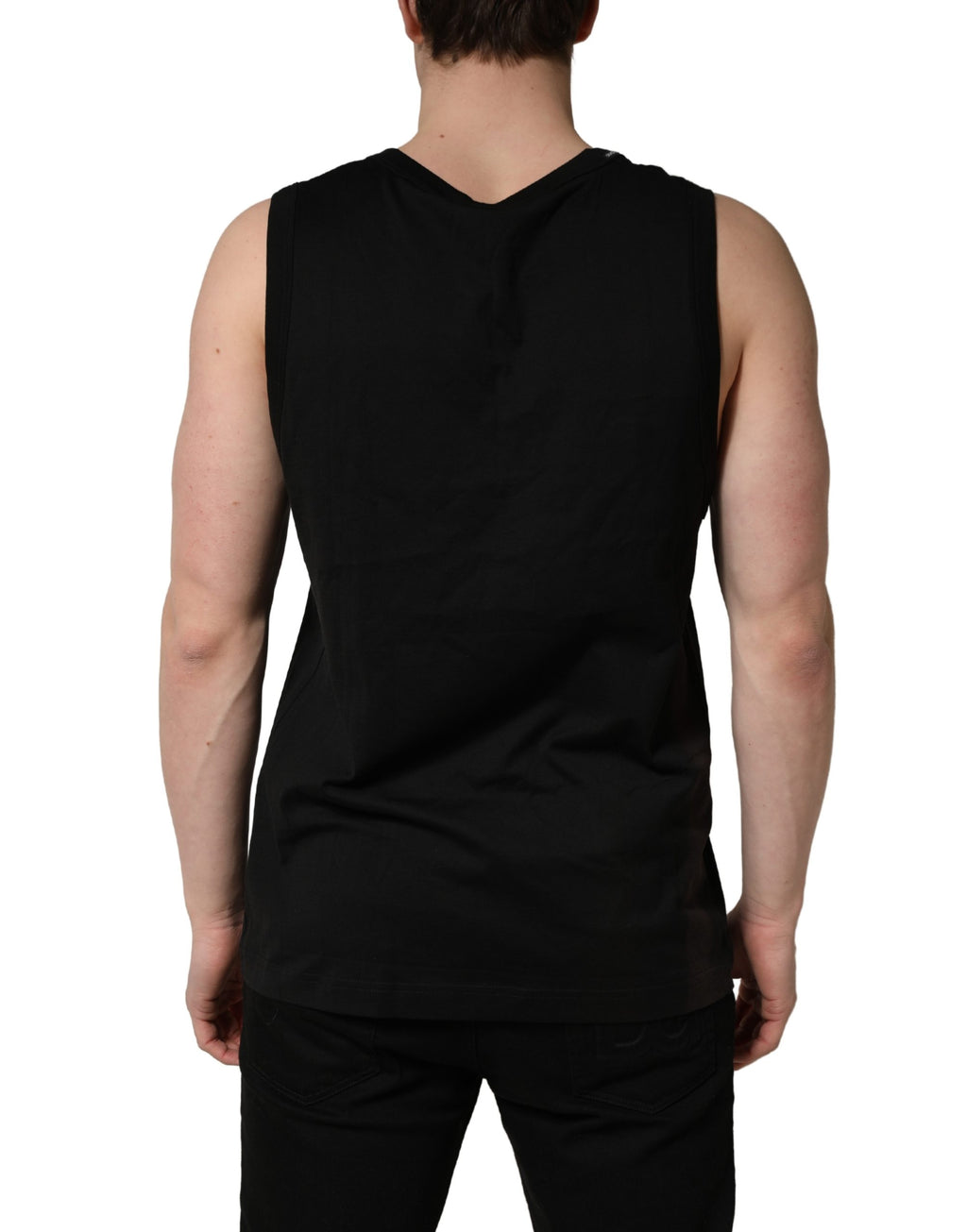 T-shirt sans manches en coton noir de Dolce & Gabbana pour homme, vue de face, détails du design et matériau visible.