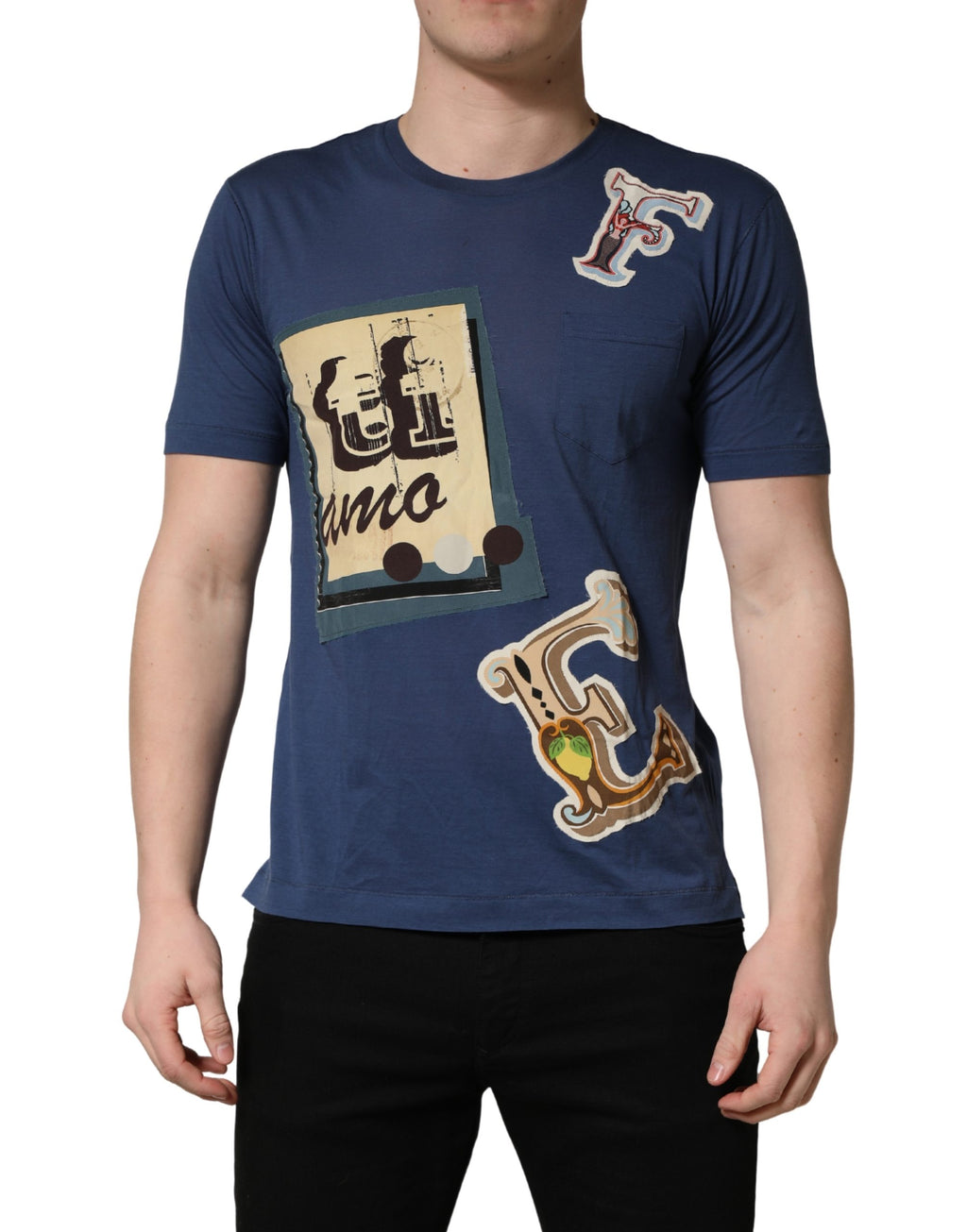 T-shirt à col rond en coton bleu marine Dolce & Gabbana avec graphique, look décontracté et élégant.