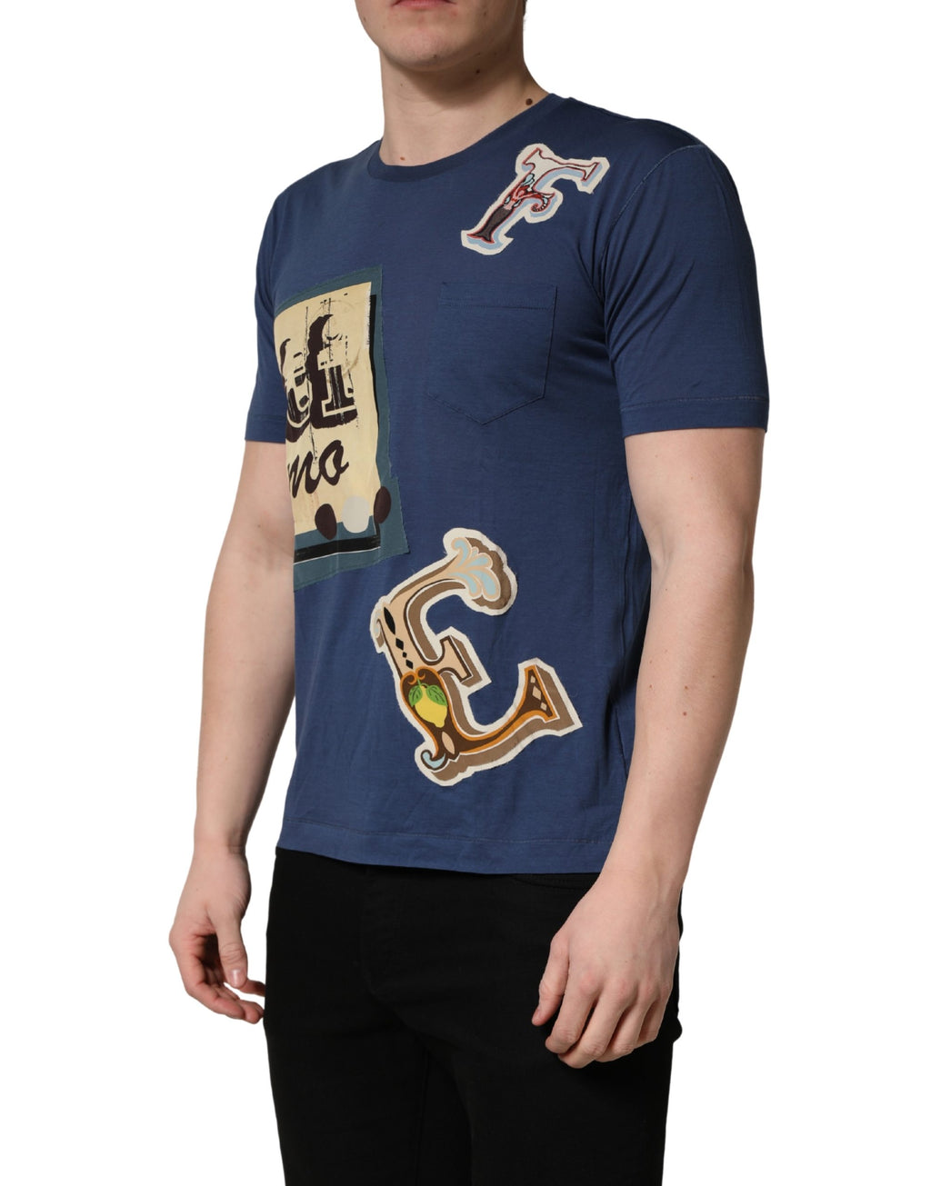 T-shirt à col rond en coton bleu marine avec graphique Dolce & Gabbana, style décontracté et moderne.