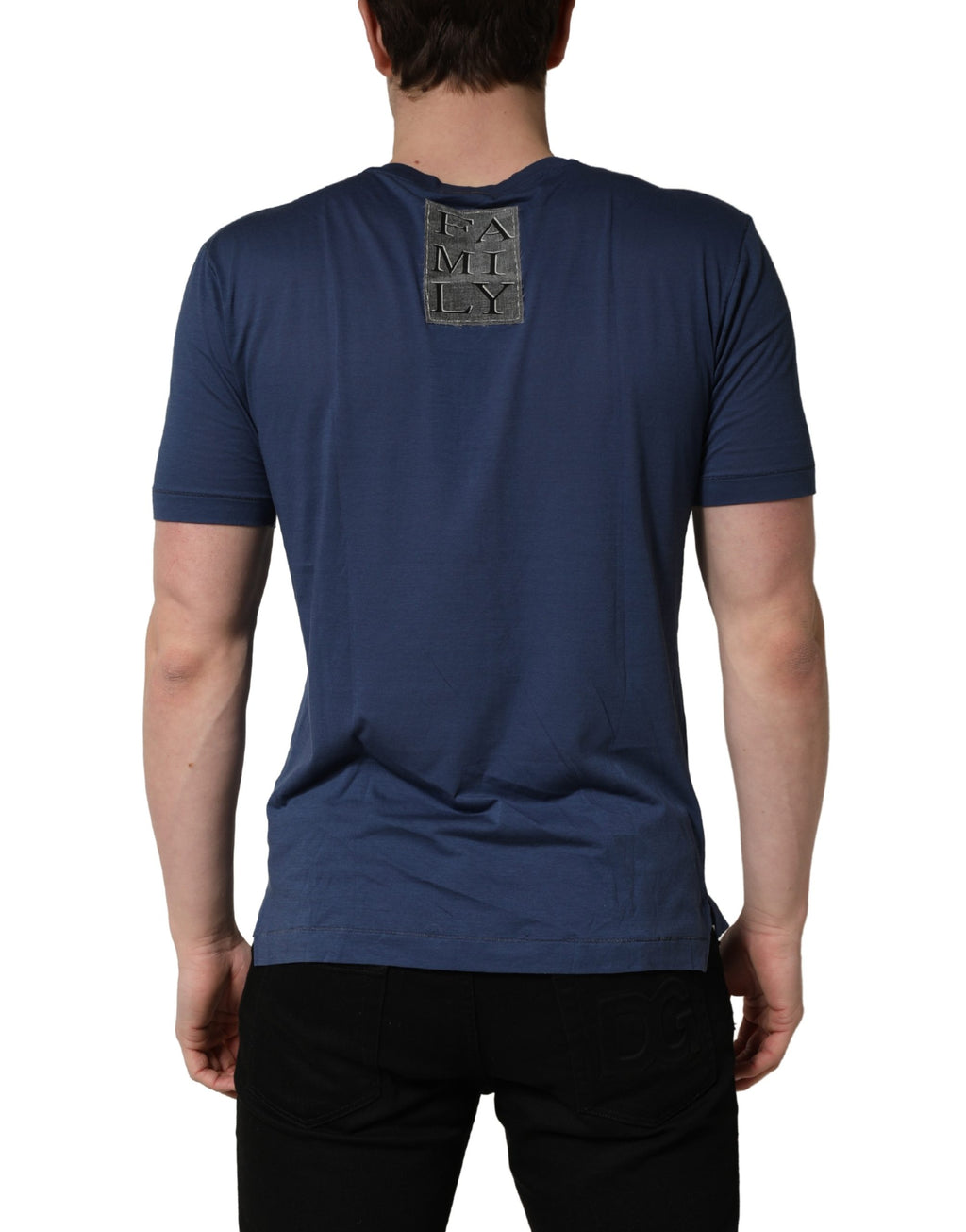 T-shirt en coton bleu marine de Dolce & Gabbana avec motif graphique à col rond, mode élégante et moderne.