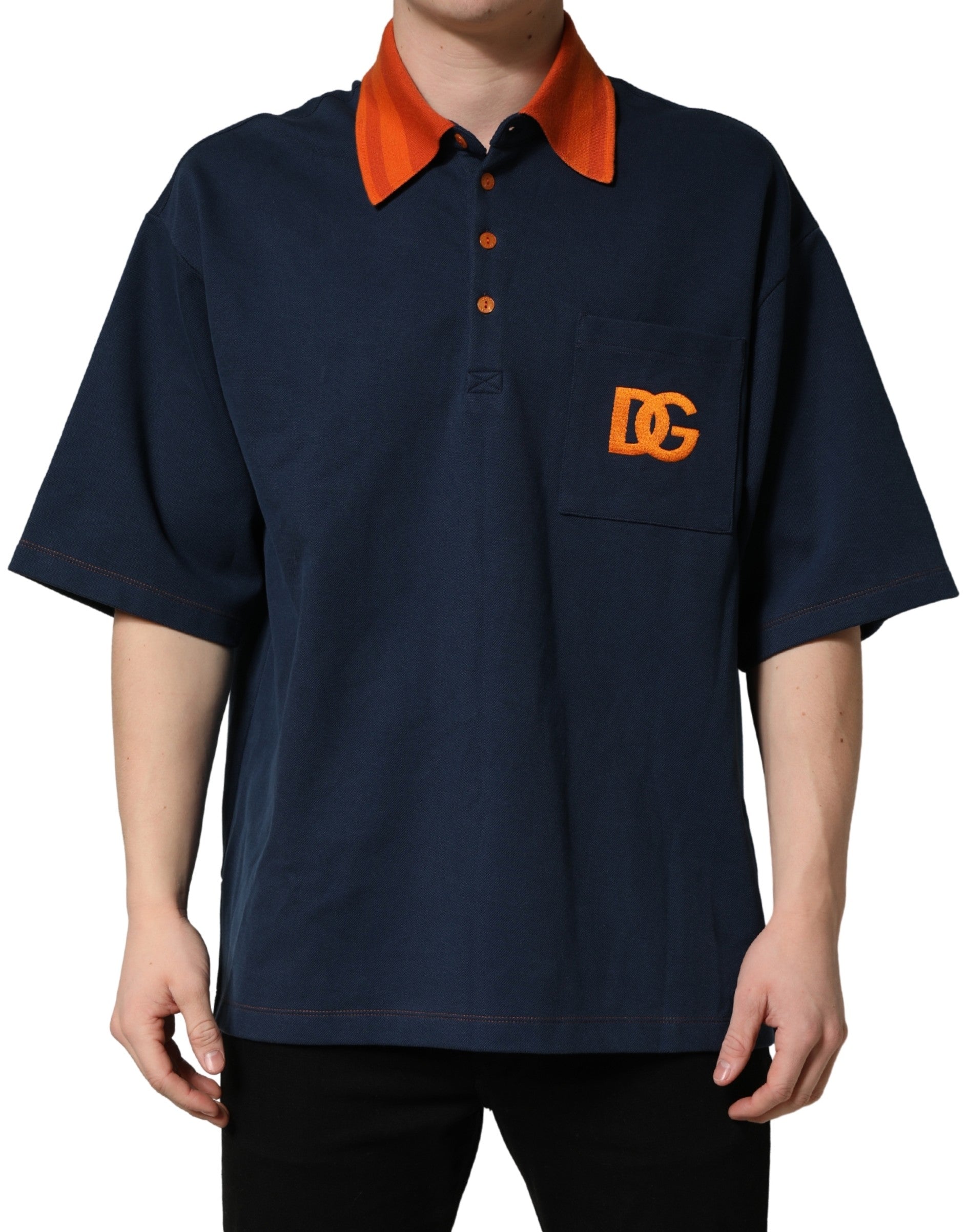 Polo homme en coton bleu marine Dolce & Gabbana avec logo, manches courtes et coupe classique.
