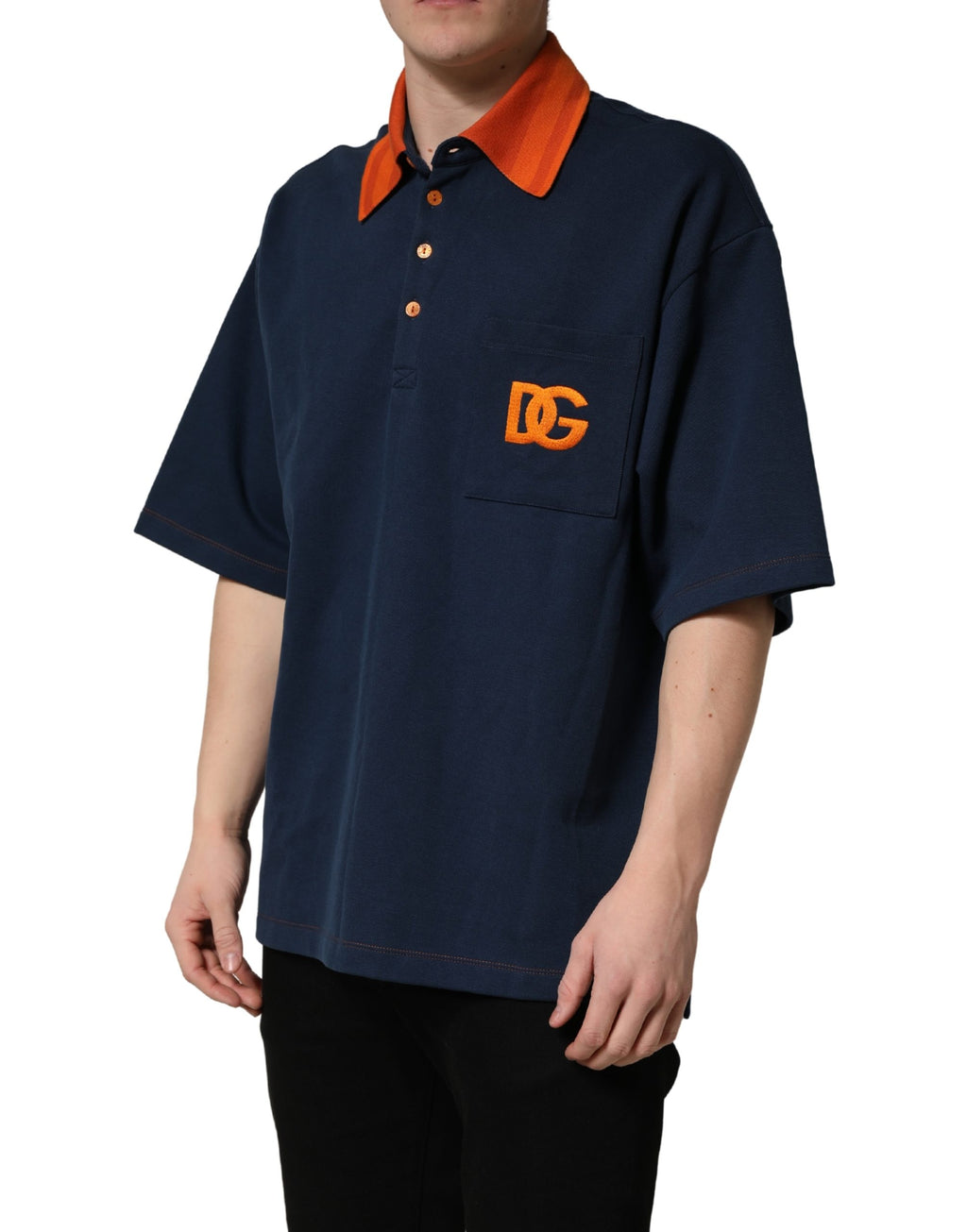 Polo pour homme Dolce & Gabbana en coton bleu marine avec logo, manches courtes et style classique.