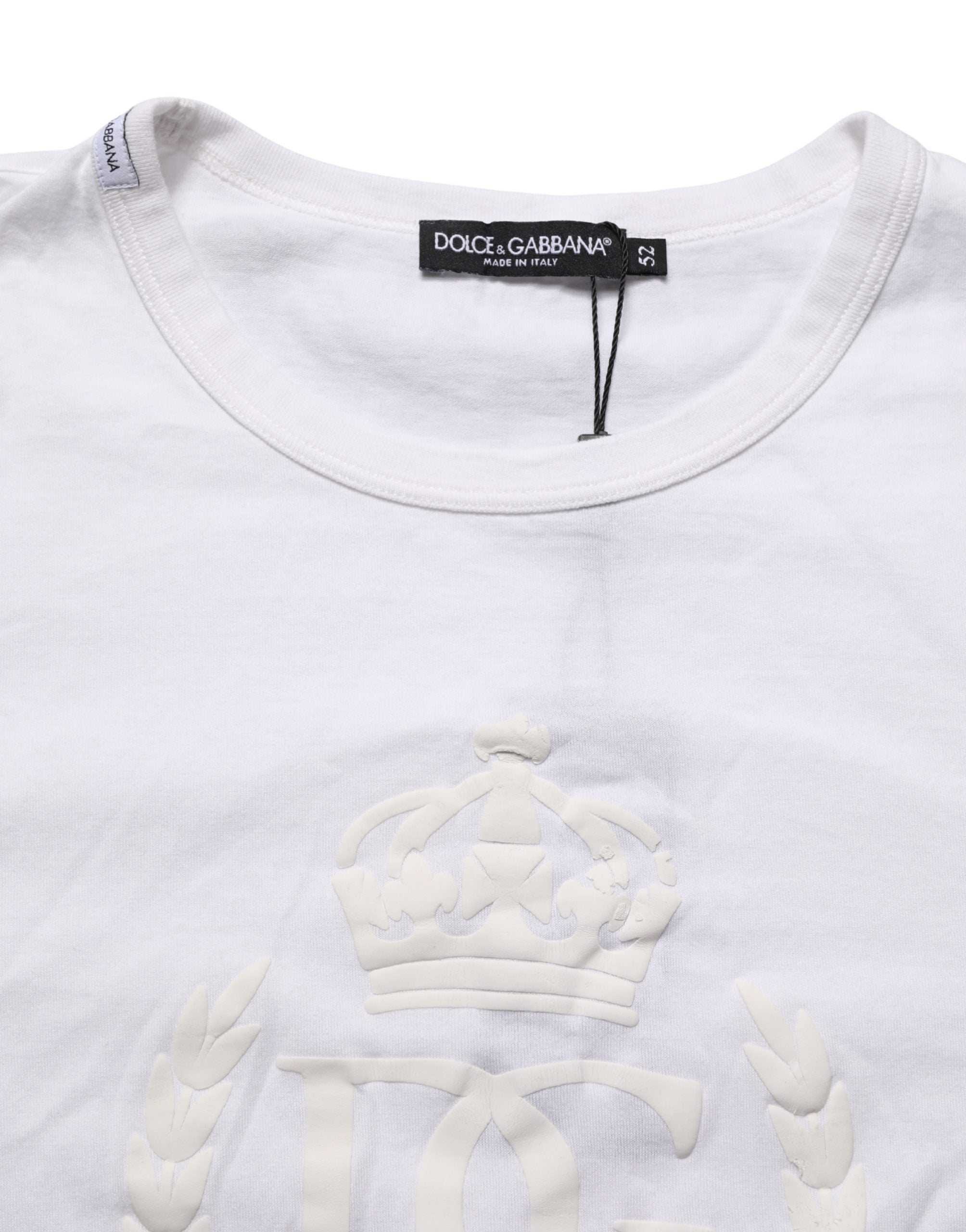 T-shirt blanc en coton Dolce & Gabbana avec logo DG embossé et couronne, pour homme, vue de face.
