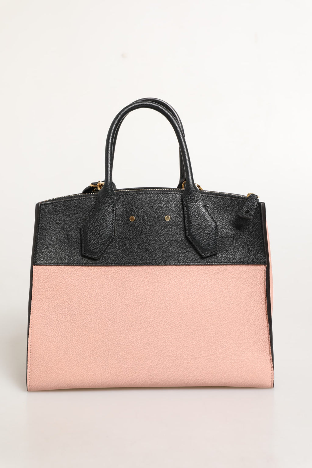 Sac à main City Steamer en cuir rose et noir de Louis Vuitton, avec poignées et détails en cuir de luxe.