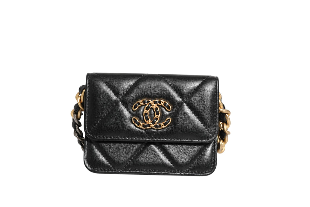 Chanel 19 Flap Coin Purse Gestepptes Leder Schwarz Umhängetasche