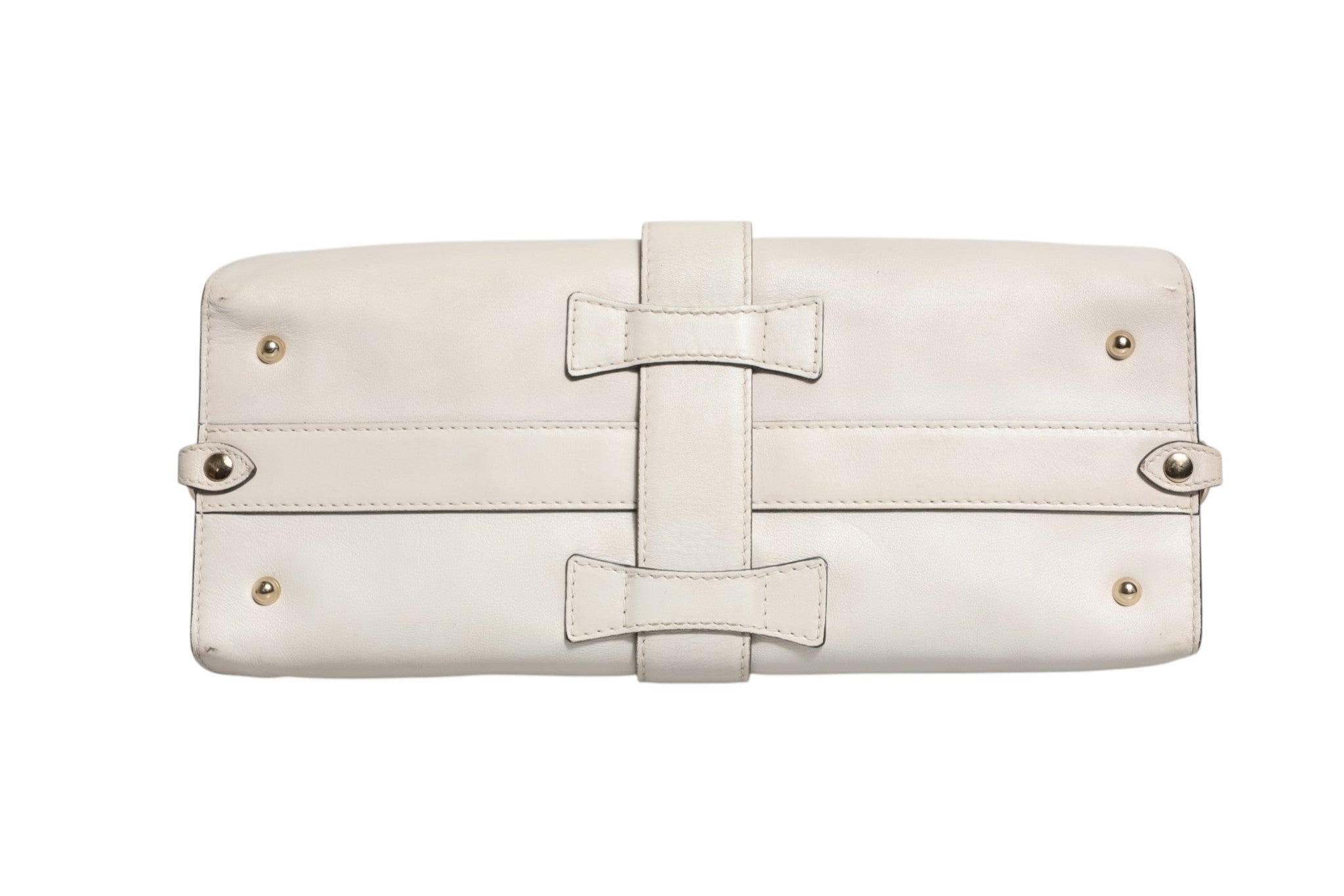 Sac à main Gucci en cuir blanc avec poignée en forme de étrier, design élégant et sophistiqué, visible sur l'image.