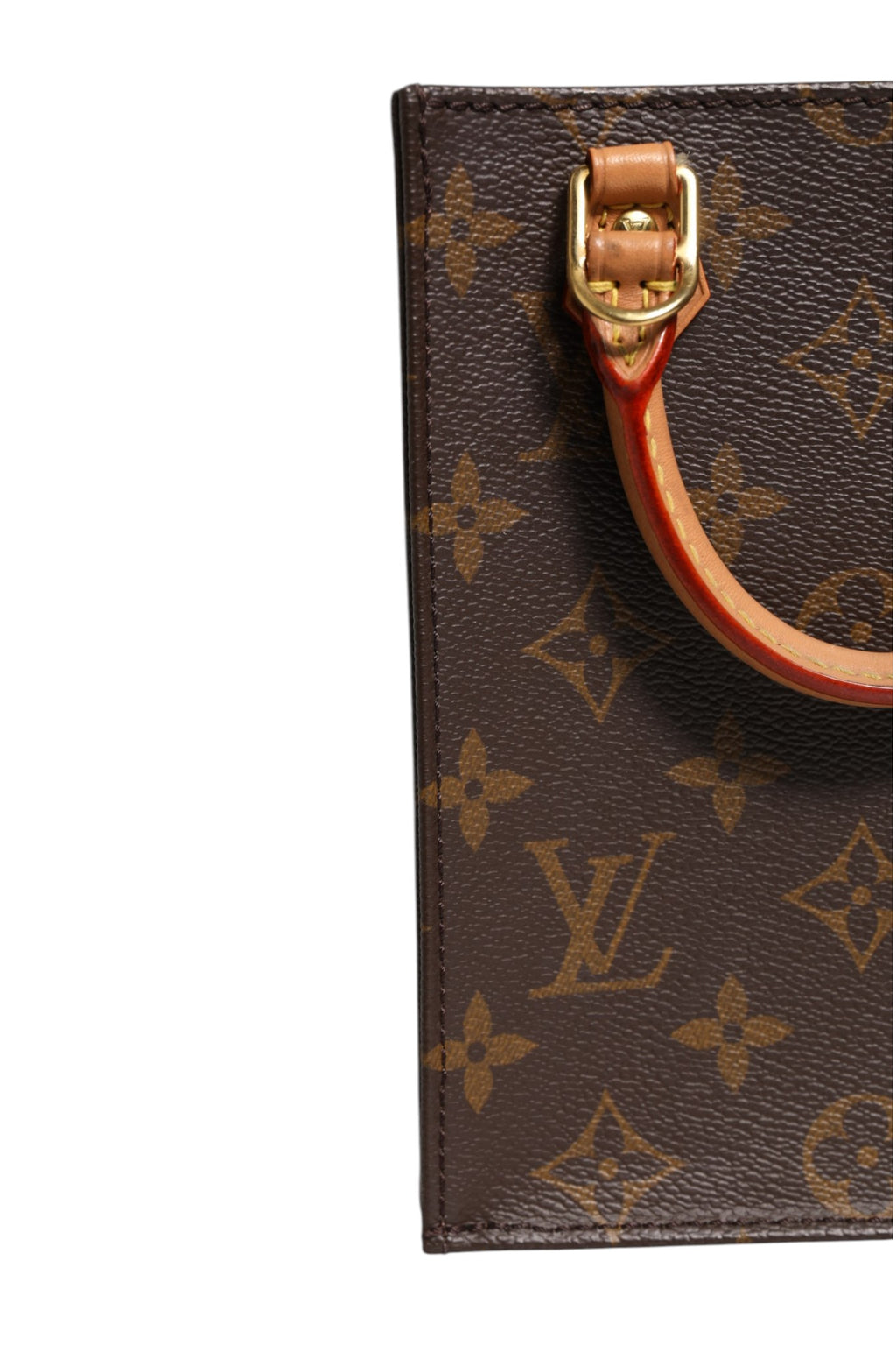 Sac Louis Vuitton Petit Sac Plat en toile Monogram, avec bandoulière en cuir et logo LV visible sur le devant.