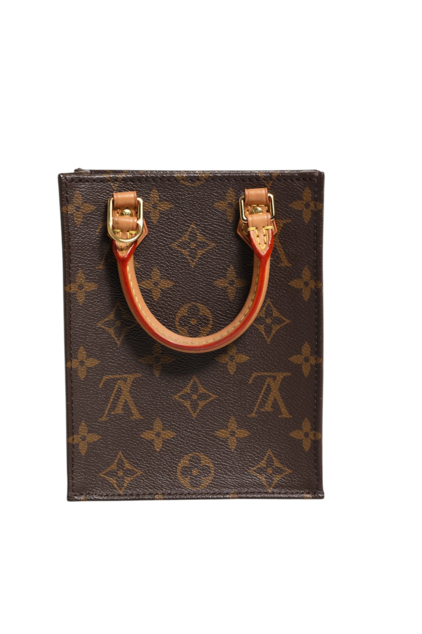Sac Louis Vuitton Petit Sac Plat en toile Monogram, avec poignée en cuir, visible devant avec détails et logo Louis Vuitton.